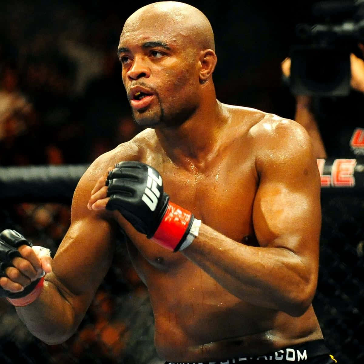 MMA 桌布 壁紙 — 一個汗流浹背的肌肉發達拳手戴著黑色手套，在UFC八角籠內警覺地站立，背景有模糊的人群和相機。