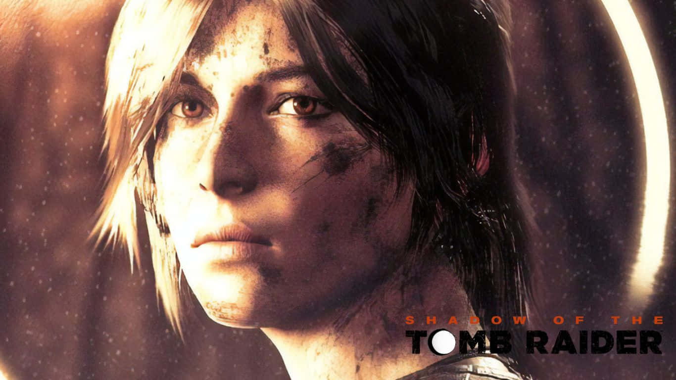 Lara Croft 桌布 壁紙 — 一個決定的年輕女子特寫，骯髒的金髮和污跡斑斑的臉龐，在溫暖的燈光下，以黑暗的宇宙背景為襯托。