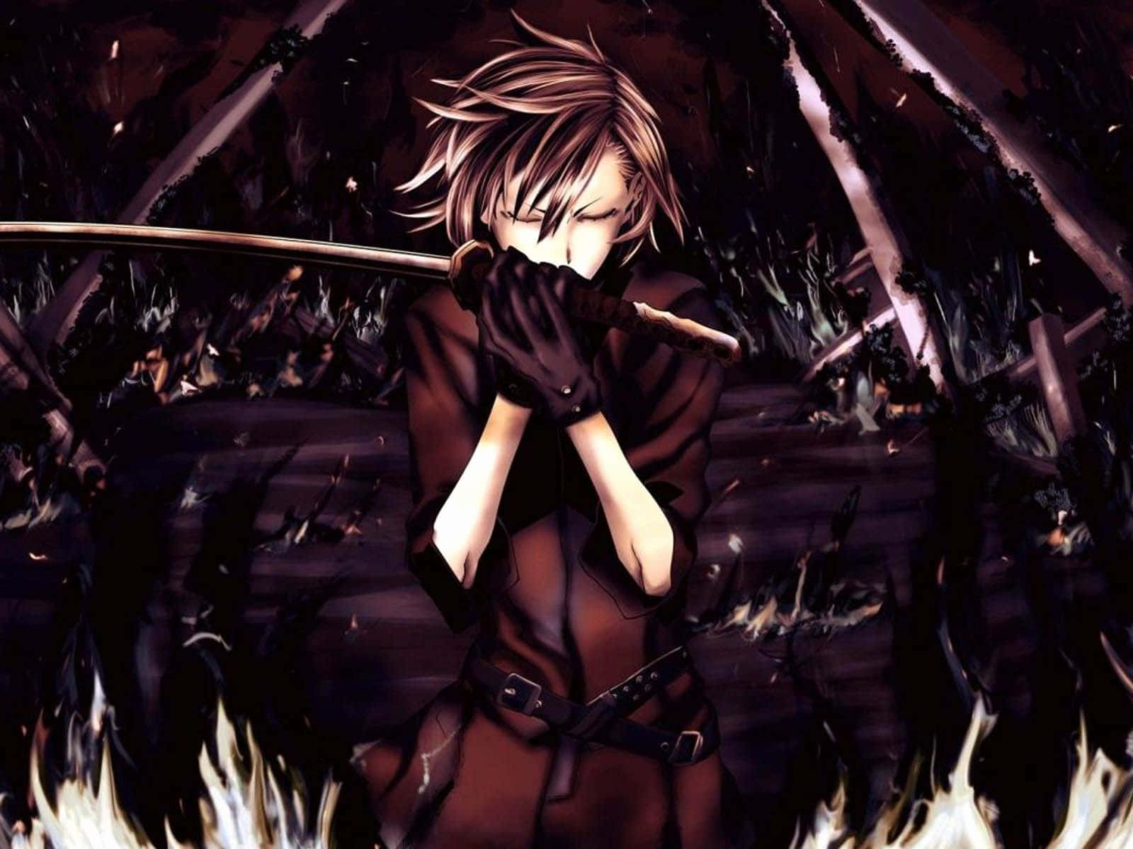 Emo Anime Boy 桌布 壁紙 — 一個決心堅定的動漫劍士，頭髮尖刺，在黑暗煙霧彌漫的戰場上，於烈火毀滅中緊握刀刃。