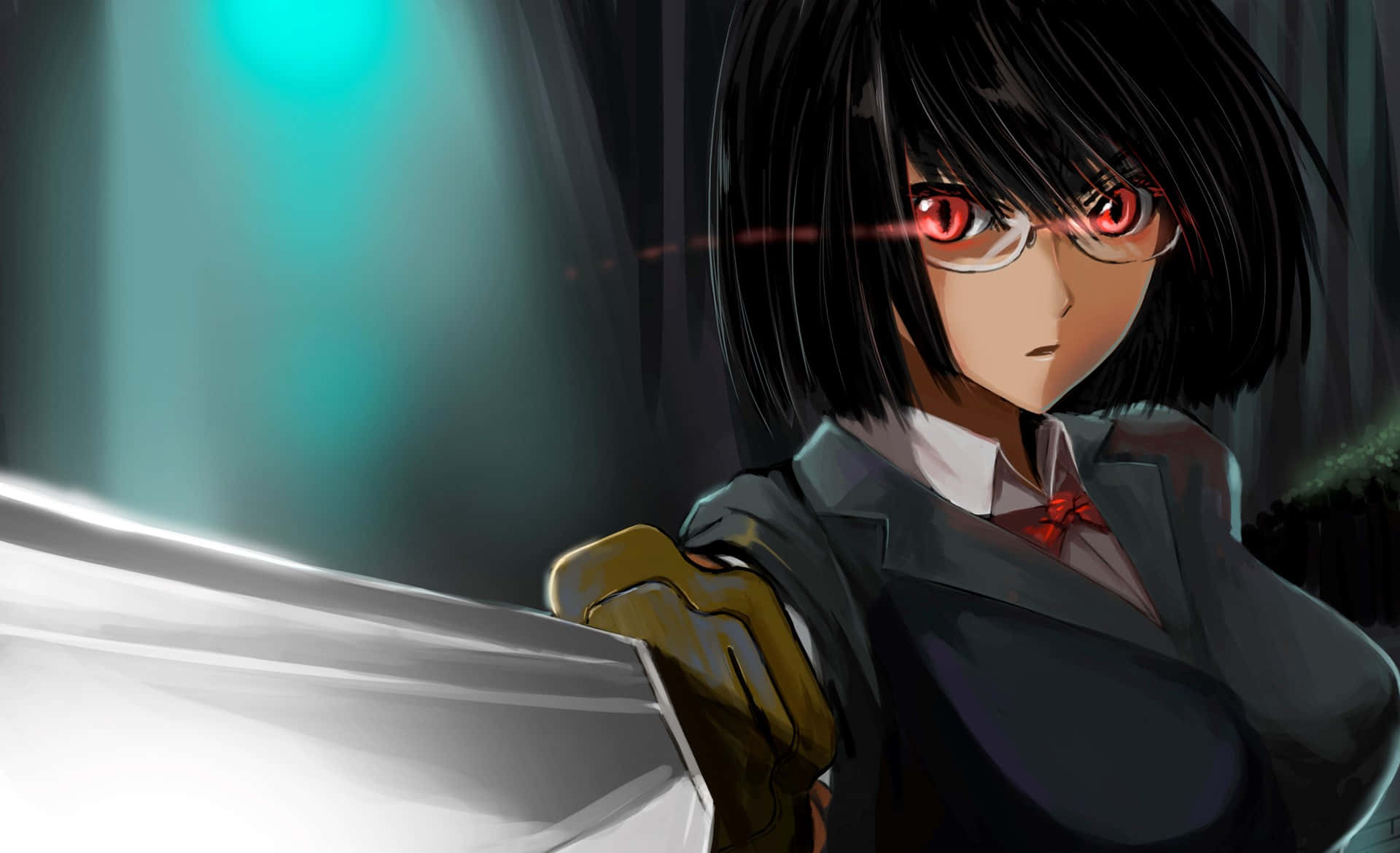 Anri Sonohara 桌布 壁紙 — 一個決心堅定的動漫女孩，擁有發光的紅色眼睛和眼鏡，在戲劇性的青色燈光下緊握著劍。