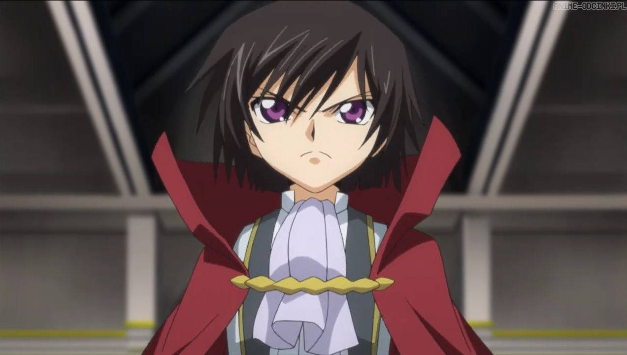 lelouch lamperouge 桌布 壁紙 — 一個決心堅定的動漫女孩，擁有紫色眼睛和紅色斗篷，站在未來主義的走廊中。