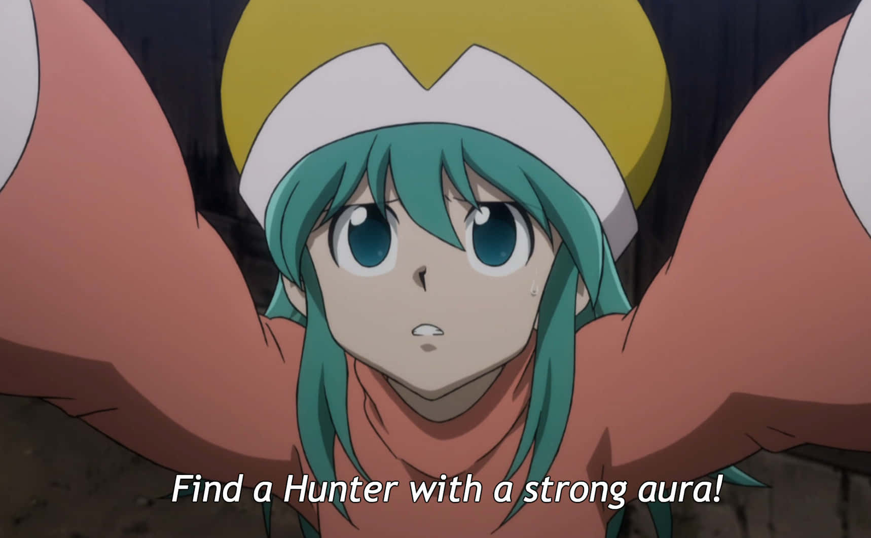 Hunter X Hunter Ponzu 桌布 壁紙 — 一個決心堅定的動漫女孩，擁有青色頭髮和白色帽子，在黑暗背景中舉起雙臂。