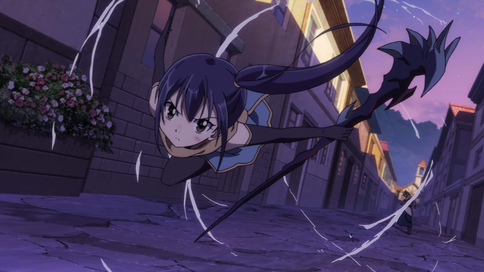Wendy Marvell 桌布 壁紙 — 一個決心堅定的動漫女孩，梳著深色辮子，在黃昏時分跳過鵝卵石街道，揮舞著一把鋸齒狀的黑色武器。