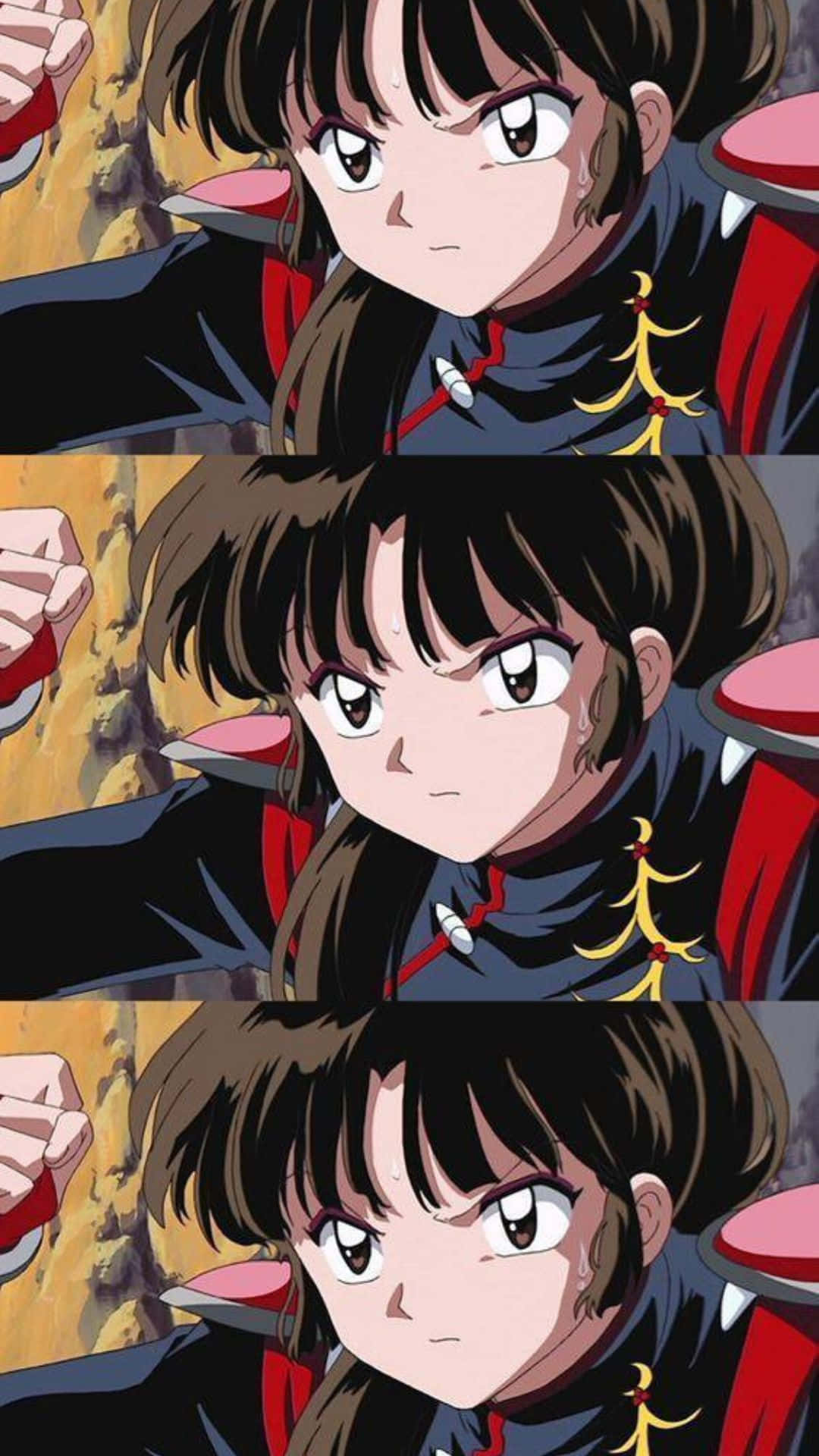 Sango 桌布 壁紙 — 一個決心堅定的動漫女孩，棕色頭髮，穿著紅色鑲邊的黑色服裝，在岩石背景前凝視著。