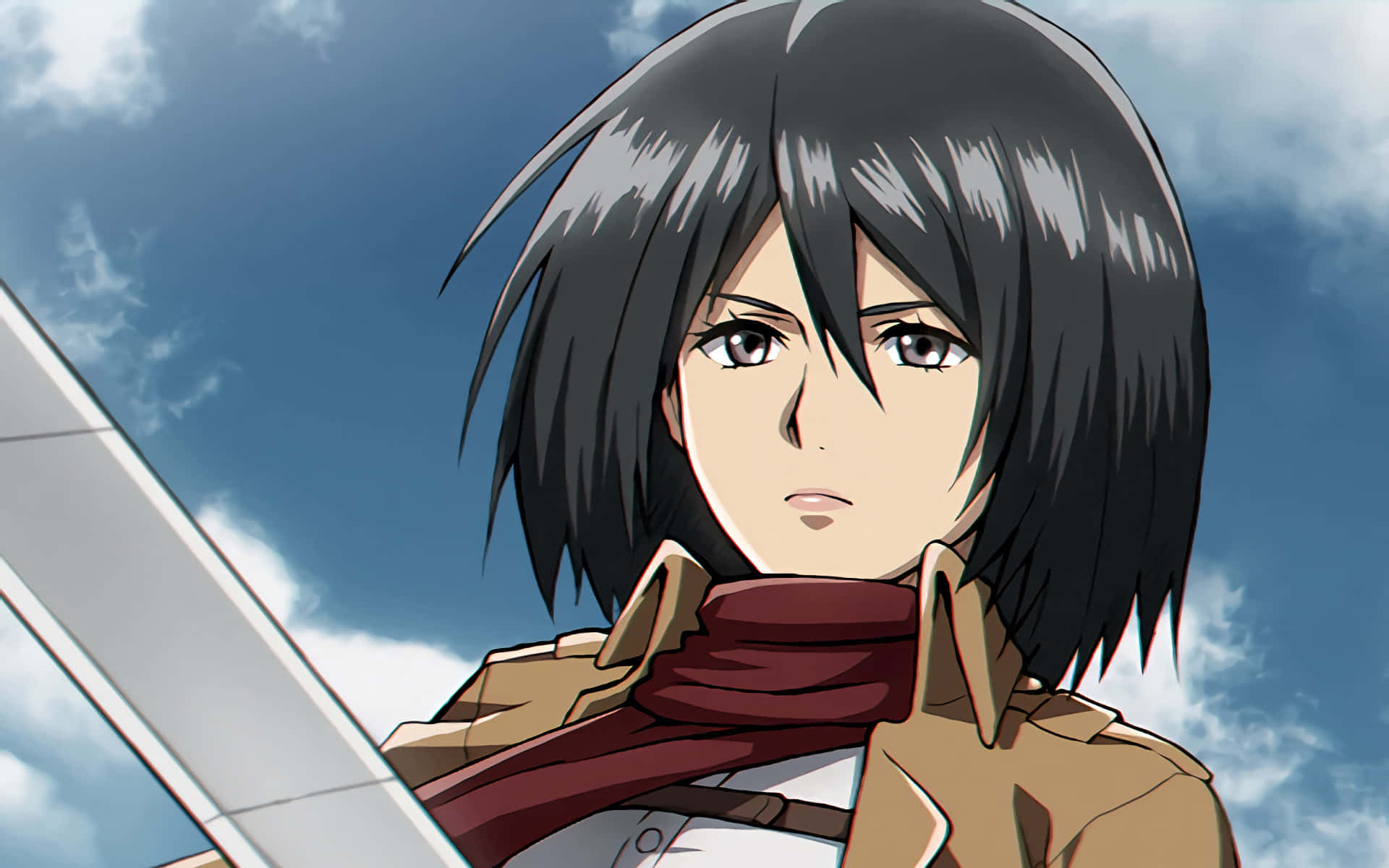 Attack On Titan Season 1 桌布 壁紙 — 一個決心堅定的動漫女孩，短黑髮，紅色圍巾，在藍天白雲下持劍。
