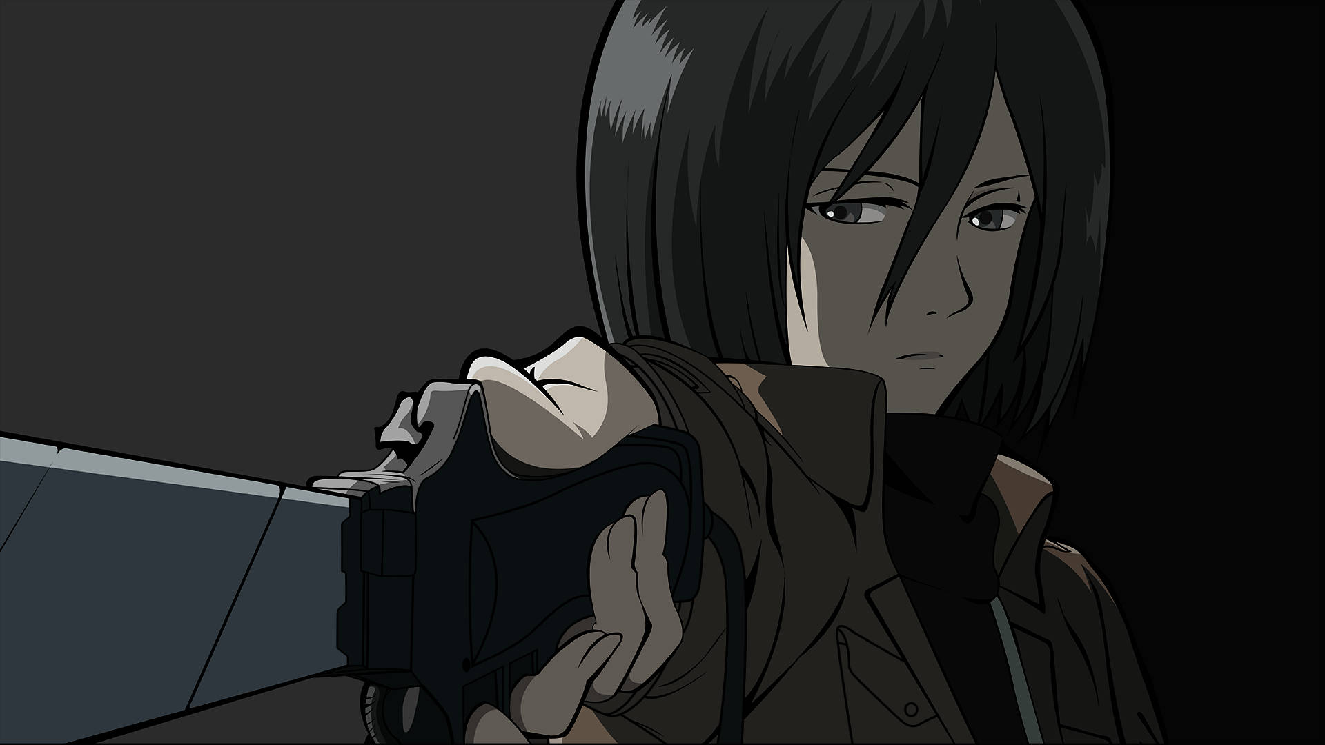 Mikasa Ackerman 桌布 壁紙 — 一個決心堅定的動漫女孩，短黑髮，在深灰色背景下專注地瞄準手槍。