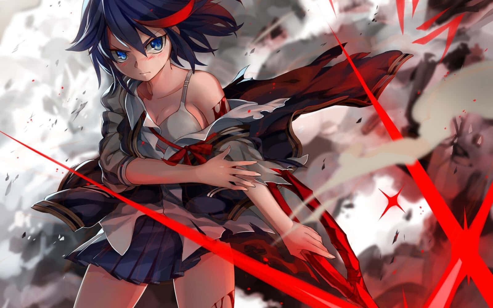 Kill La Kill Senketsu 桌布 壁紙 — 一個決心堅定的動漫女孩，藍眼睛黑頭髮，在破碎爆炸的戰場上揮舞著一把發光的紅色劍。