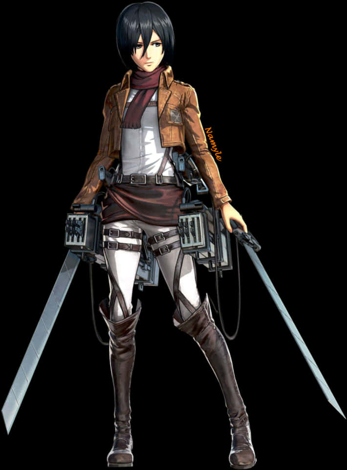 Mikasa Ackerman 桌布 壁紙 — 一個決心堅定的動漫女孩，身穿棕色外套和裝備，在黑色背景前手持兩把劍。