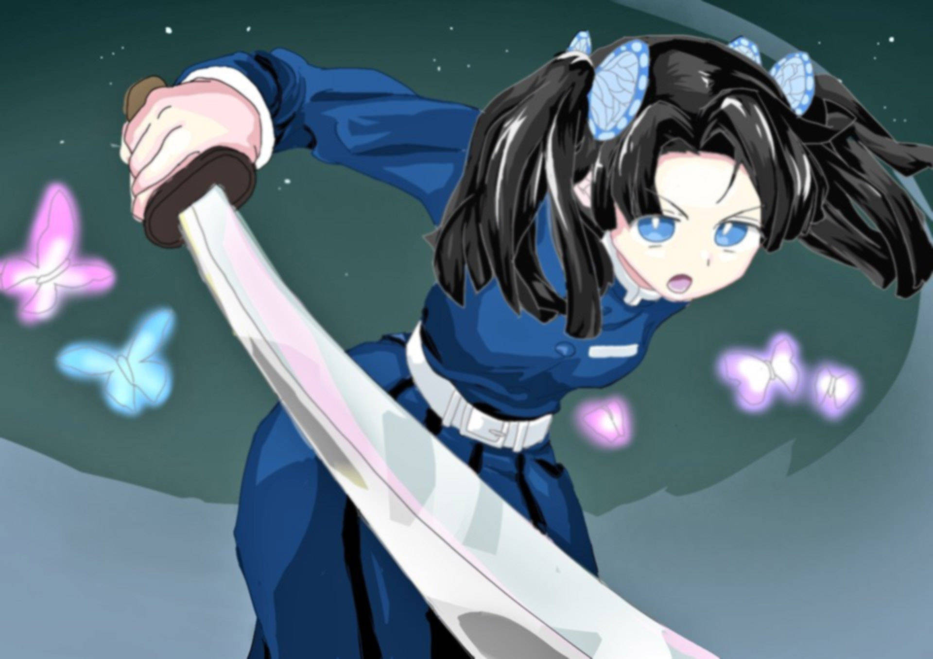 aoi kanzaki 桌布 壁紙 — 一個決心堅定的動漫女孩，身穿藍色制服，揮舞著發光的劍，色彩繽紛的蝴蝶在她周圍翩翩起舞。