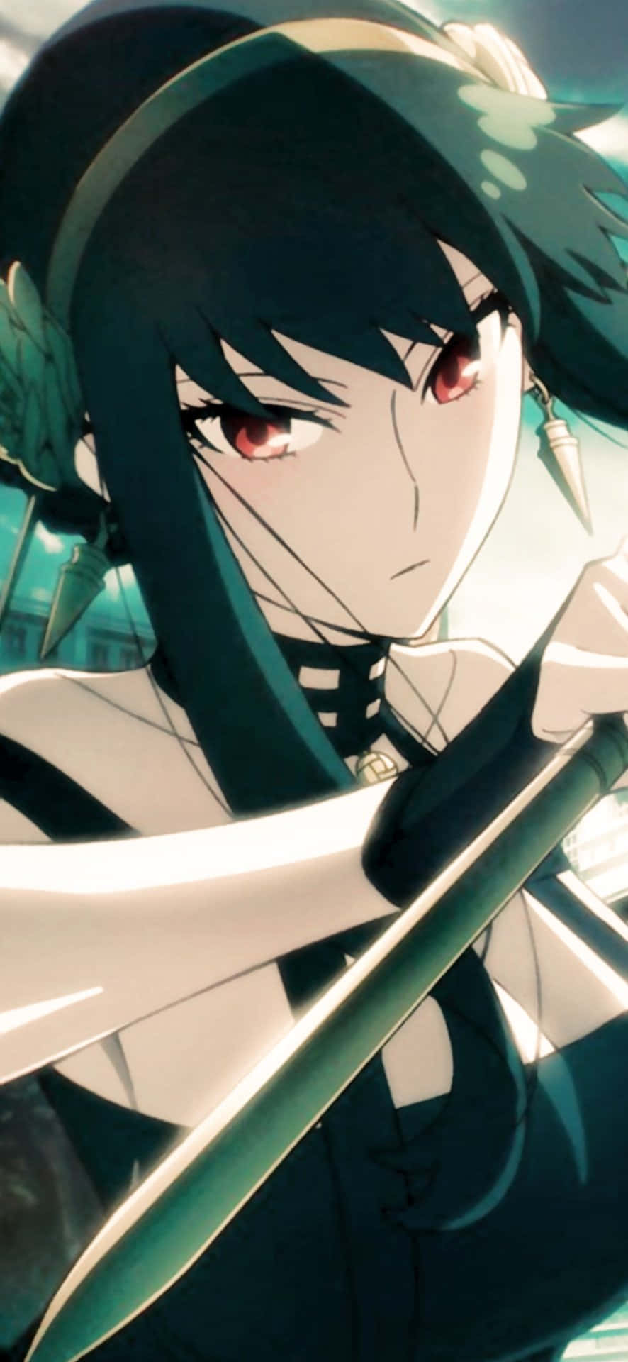 Anime Eyes 桌布 壁紙 — 一個決心堅定的動漫女孩，黑髮紅眼，在戲劇性的特寫中緊握一把發光的劍。