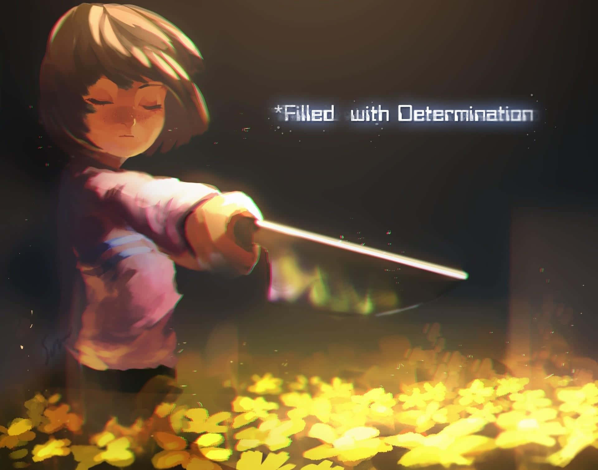 Undertale 桌布 壁紙 — 一個決心堅定的動漫女孩在黑暗天空下的金色花田上方揮舞著發光的劍。