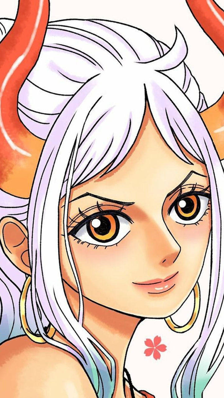 動漫女孩 桌布 壁紙 — 一個決心堅定的動漫女孩特寫，白髮橙色角，戴著金色圓環耳環和櫻花上衣。