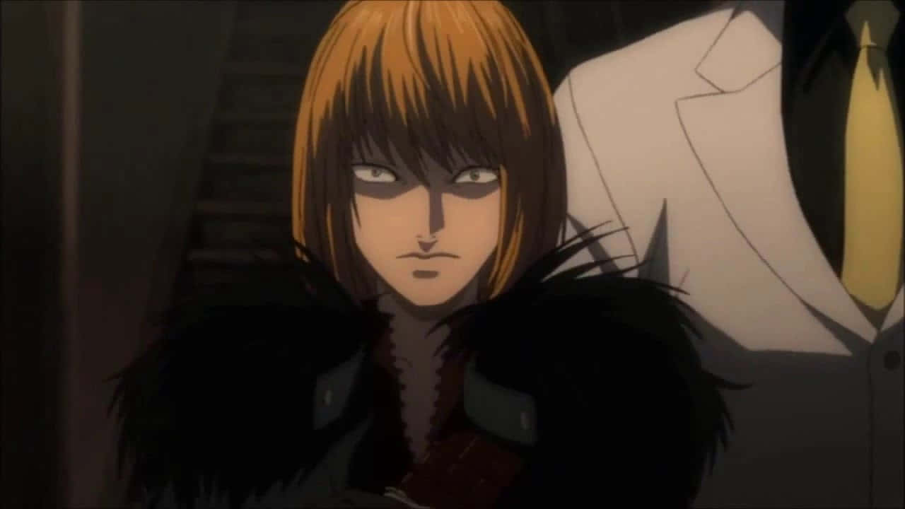 Death Note Mello 桌布 壁紙 — 一個決心堅定的動漫女孩的近照，她有橙色頭髮和深色眼睛，穿著黑色毛領外套，站在光線昏暗的樓梯間。