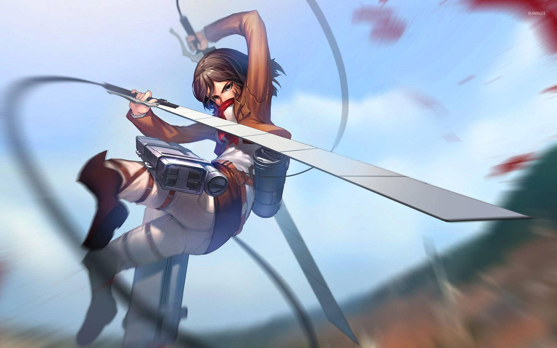 Mikasa 桌布 壁紙 — 一個決心堅定的動漫女孩穿著安全帶，在模糊的天空和遠景中揮舞著一把巨大的劍。
