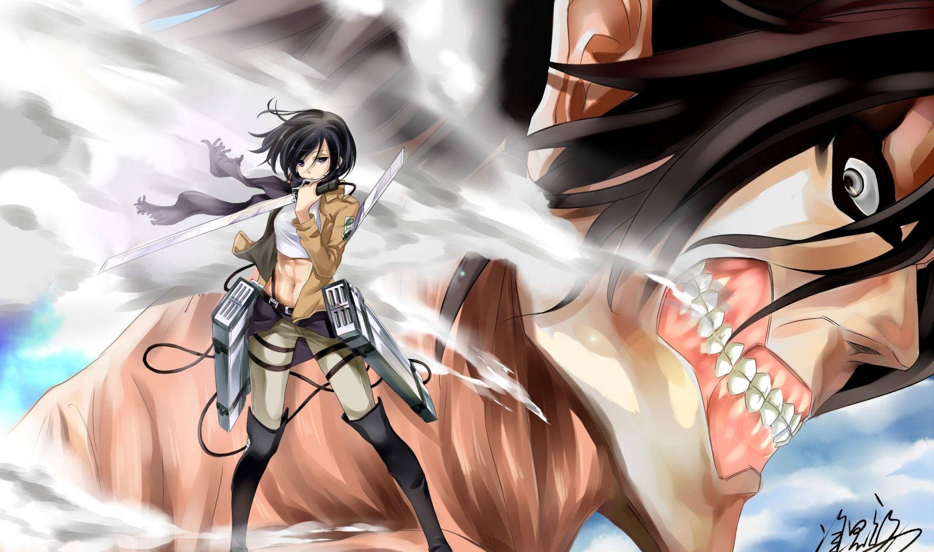 Mikasa 桌布 壁紙 — 一個決心堅定的動漫女孩穿著戰鬥服，在旋轉的雲層和碎片中用劍砍向一個巨大的巨人。