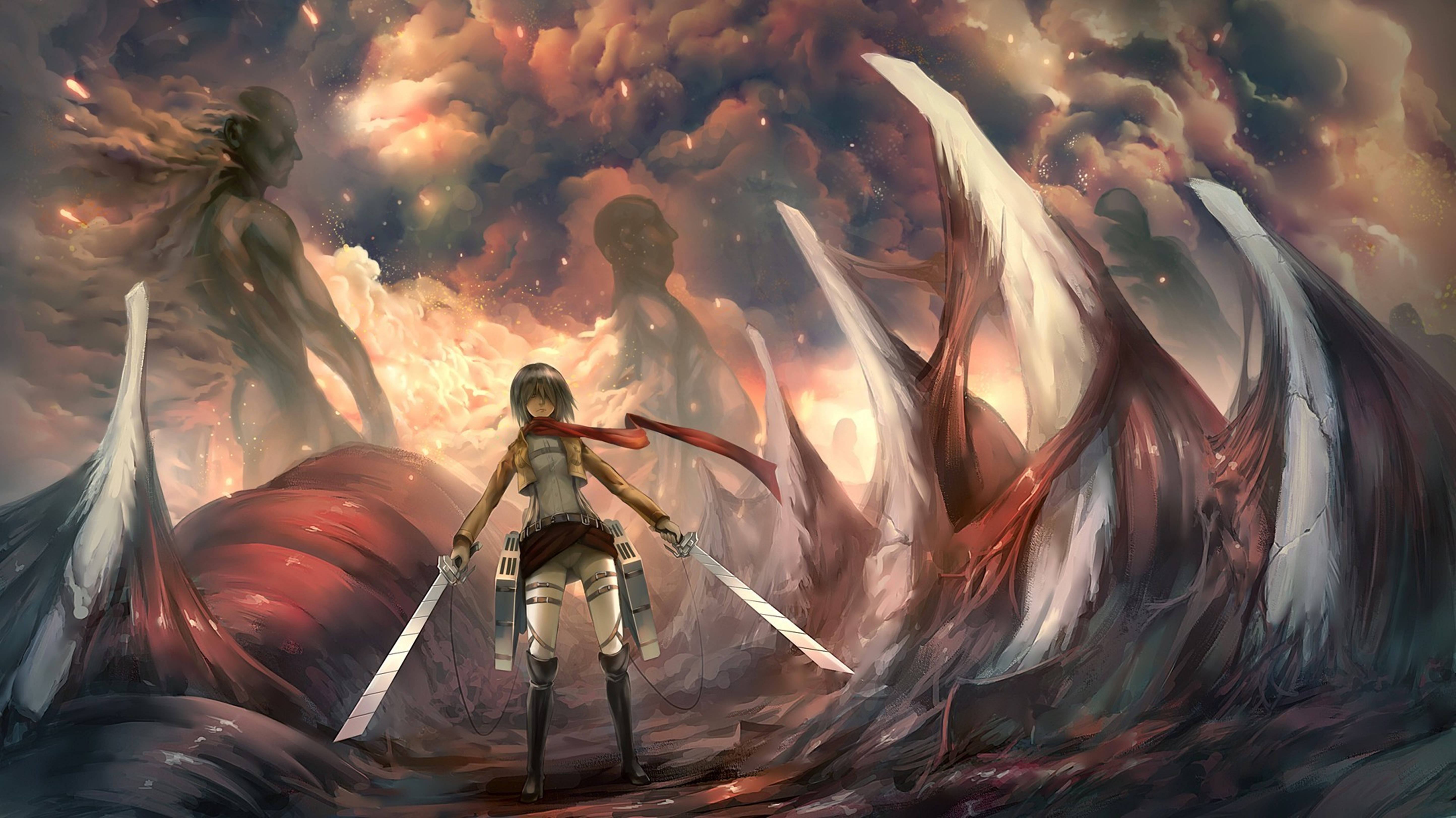 Mikasa 桌布 壁紙 — 一個決心堅定的動漫女孩穿著戰鬥服，手持雙劍，準備面對在熾熱夕陽天空下出現的巨大有翼泰坦。