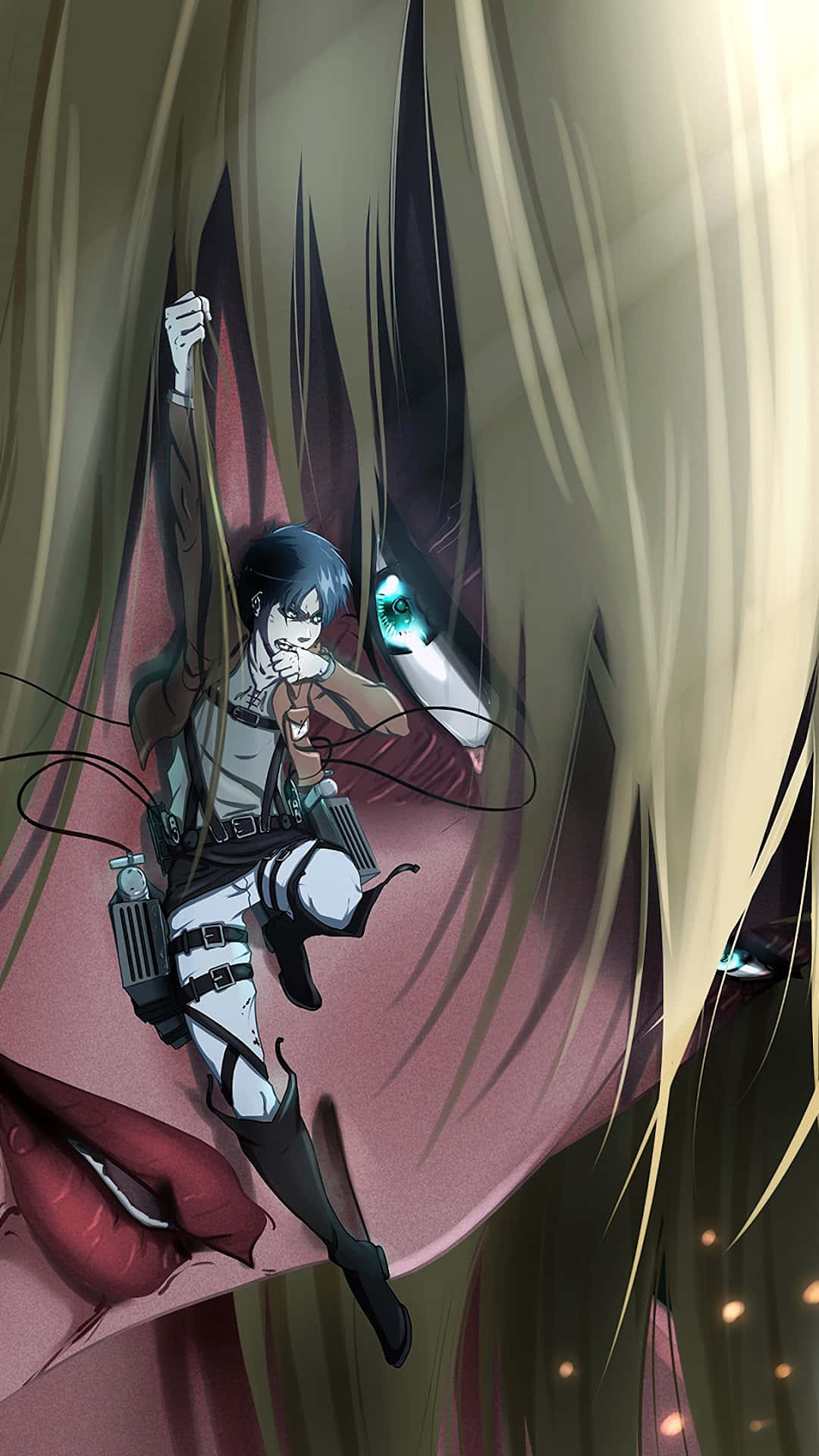 Female Titan 桌布 壁紙 — 一個決心堅定的動漫女孩穿著戰鬥裝備，用抓鉤在巨人的頭髮中盪來盪去，而發光的眼睛從內部注視著。
