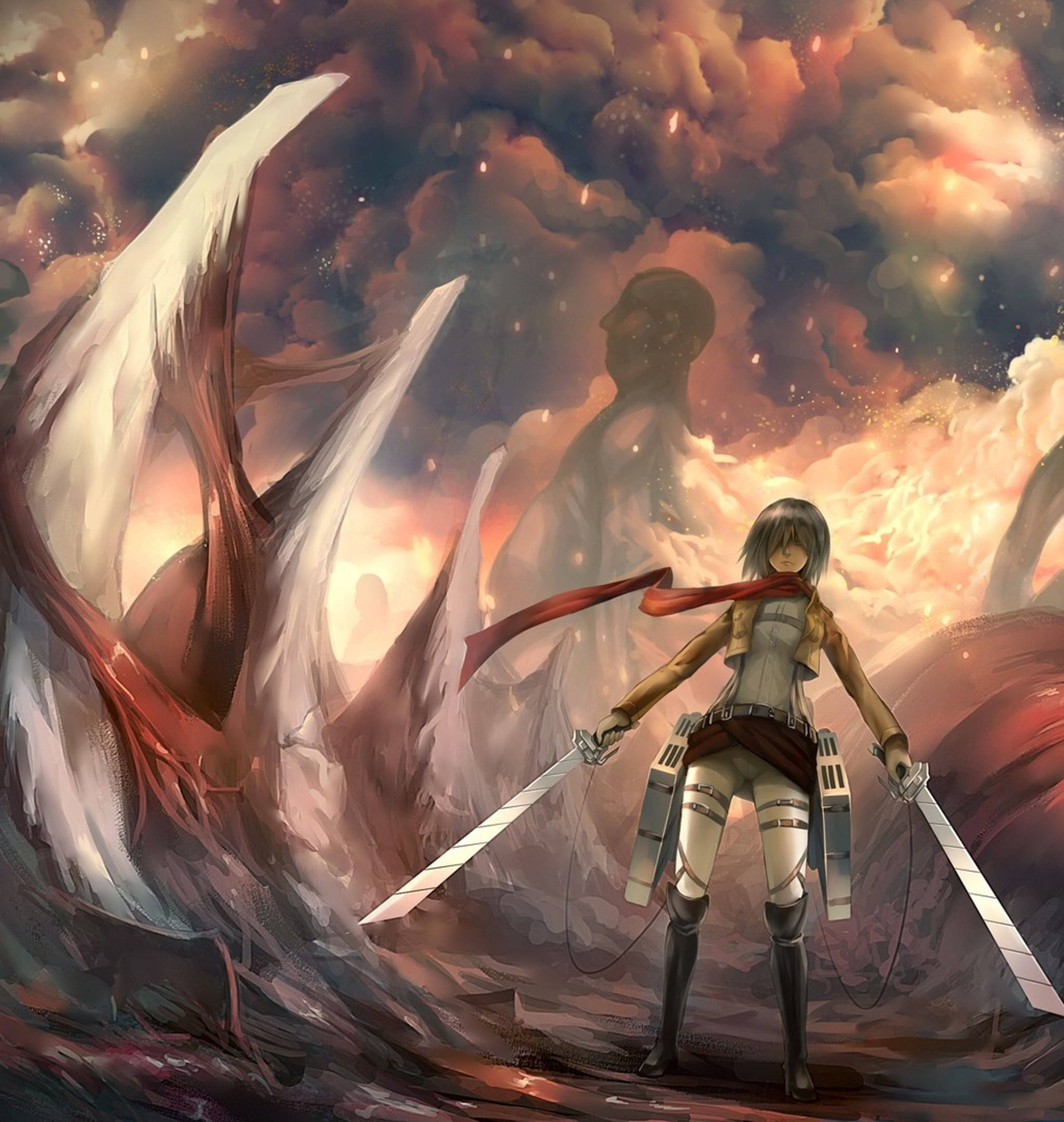 Mikasa 桌布 壁紙 — 一個決心堅定的動漫少女身穿戰鬥裝備，在熾熱的夕陽天空下揮舞雙刃對抗巨型巨人。