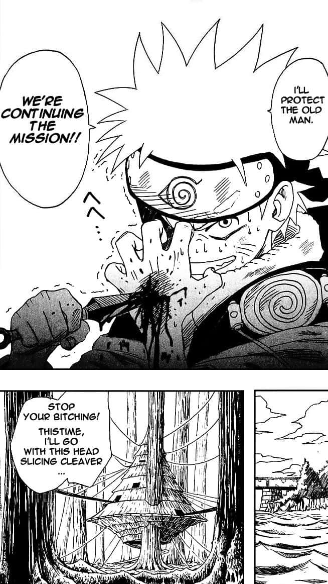 Naruto Manga 桌布 壁紙 — 一個決心堅定的動漫忍者，擁有尖刺頭髮和頭帶，緊握著沾血的刀刃，在漫畫格中大喊決心。