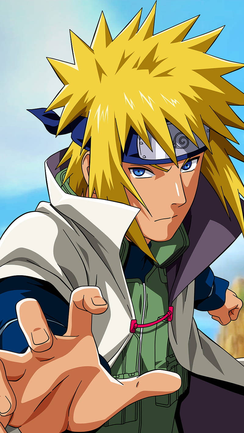 Yellow Naruto 桌布 壁紙 — 一個決心堅定的動漫忍者，擁有尖刺金髮和藍色眼睛，在明亮的藍天背景下向前伸出手。