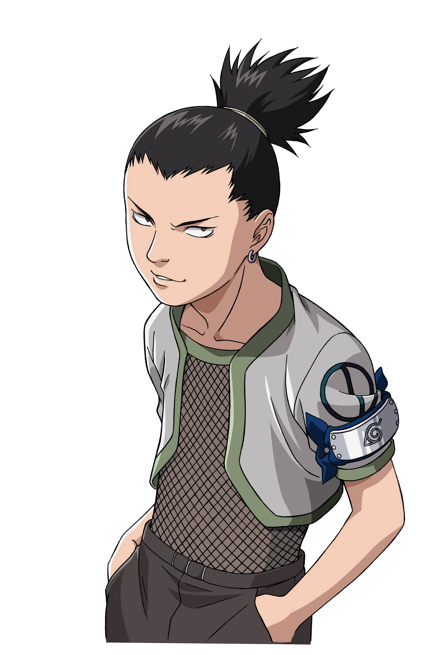 Shikamaru 桌布 壁紙 — 一個決心堅定的動漫忍者，有著尖刺的黑髮紮成高馬尾，戴著金屬護臂，自信地站立。