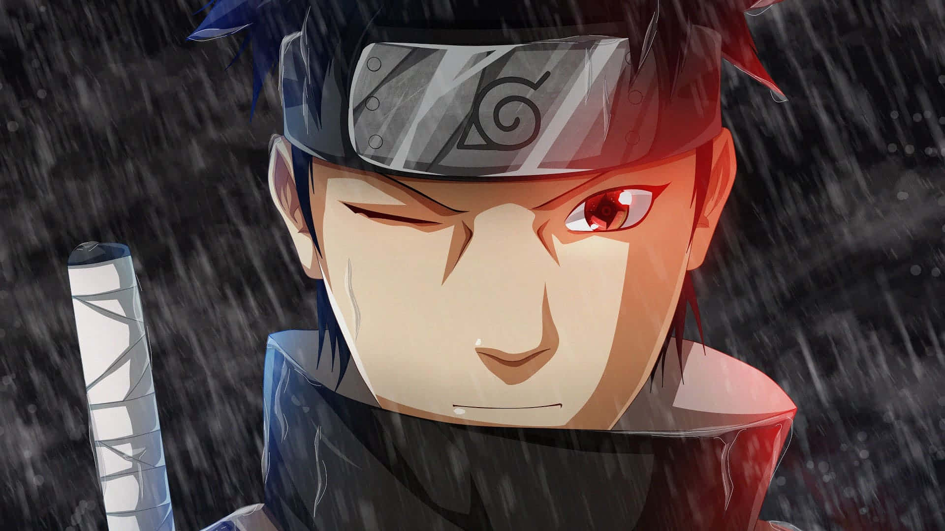 Naruto Group 桌布 壁紙 — 一個決心堅定的動漫忍者，紅眼和頭帶，在暴雨中手持劍站立。