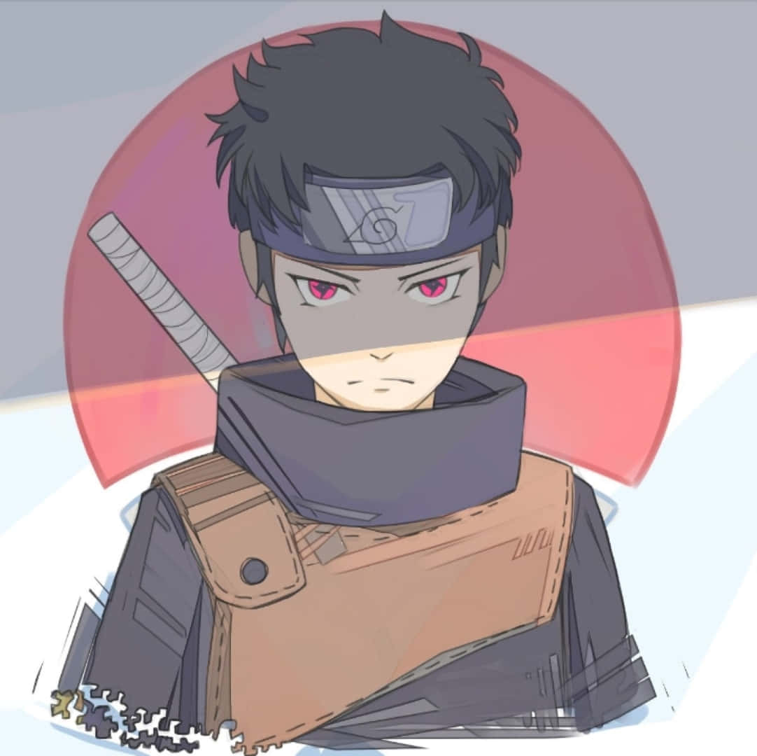 Shisui Uchiha 桌布 壁紙 — 一個決心堅定的動漫忍者，紅眼睛，戴頭帶，站在風格化的紅色太陽背景前。
