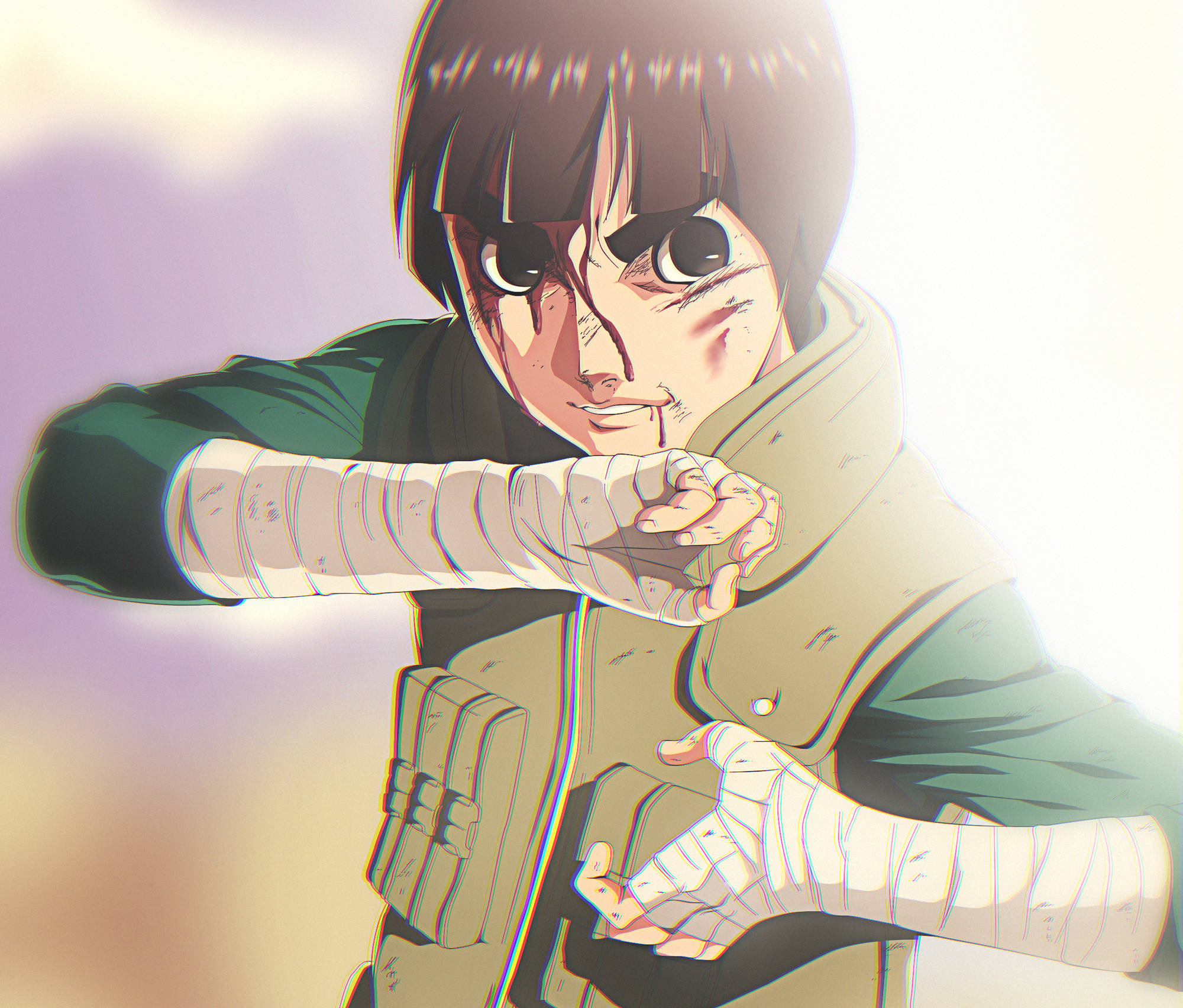 Rock Lee 桌布 壁紙 — 一個決心堅定的動漫忍者，雙手纏著繃帶，臉上沾滿鮮血，在柔和發光的背景下擺出兇猛的戰鬥姿勢。