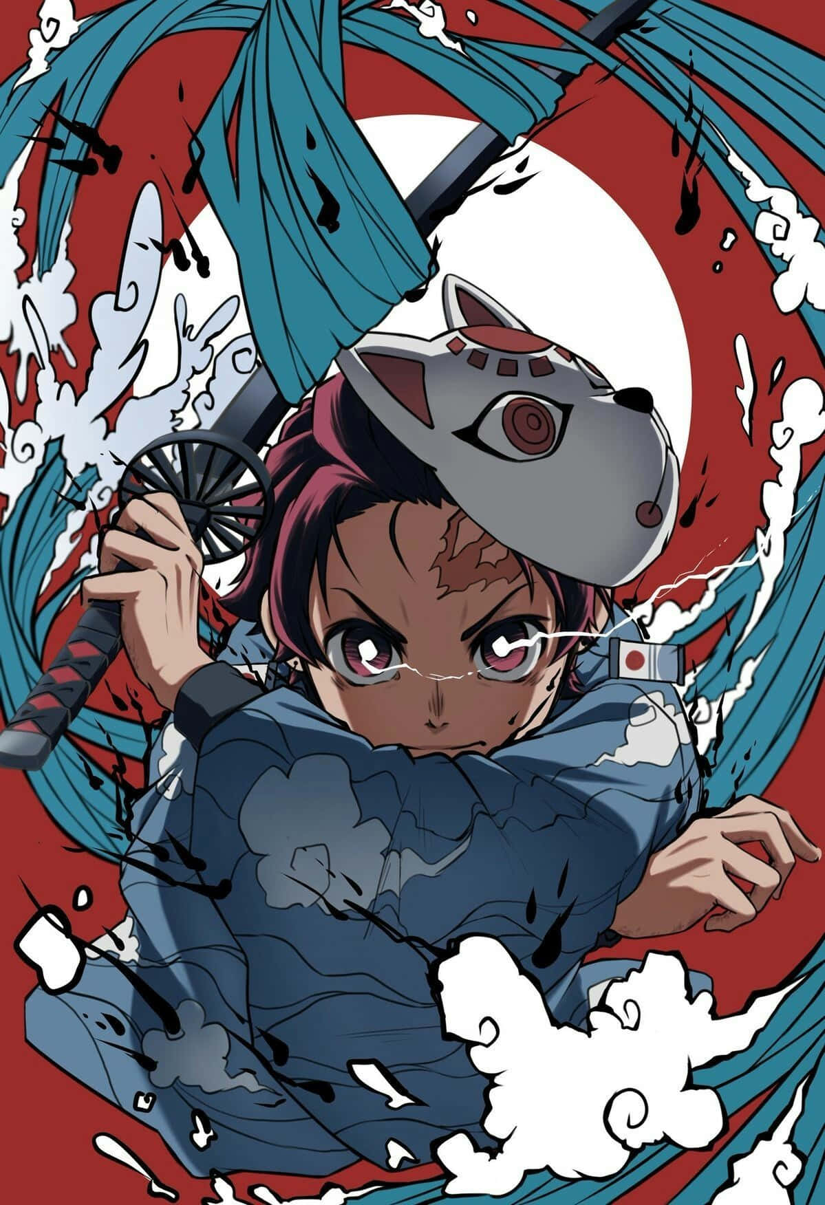 Demon Slayer Manga 桌布 壁紙 — 一個決心堅定的動漫戰士，戴著狐狸面具，手持劍，在旋轉的藍色和紅色能量中揮砍，呈現出動態的戰鬥場景。