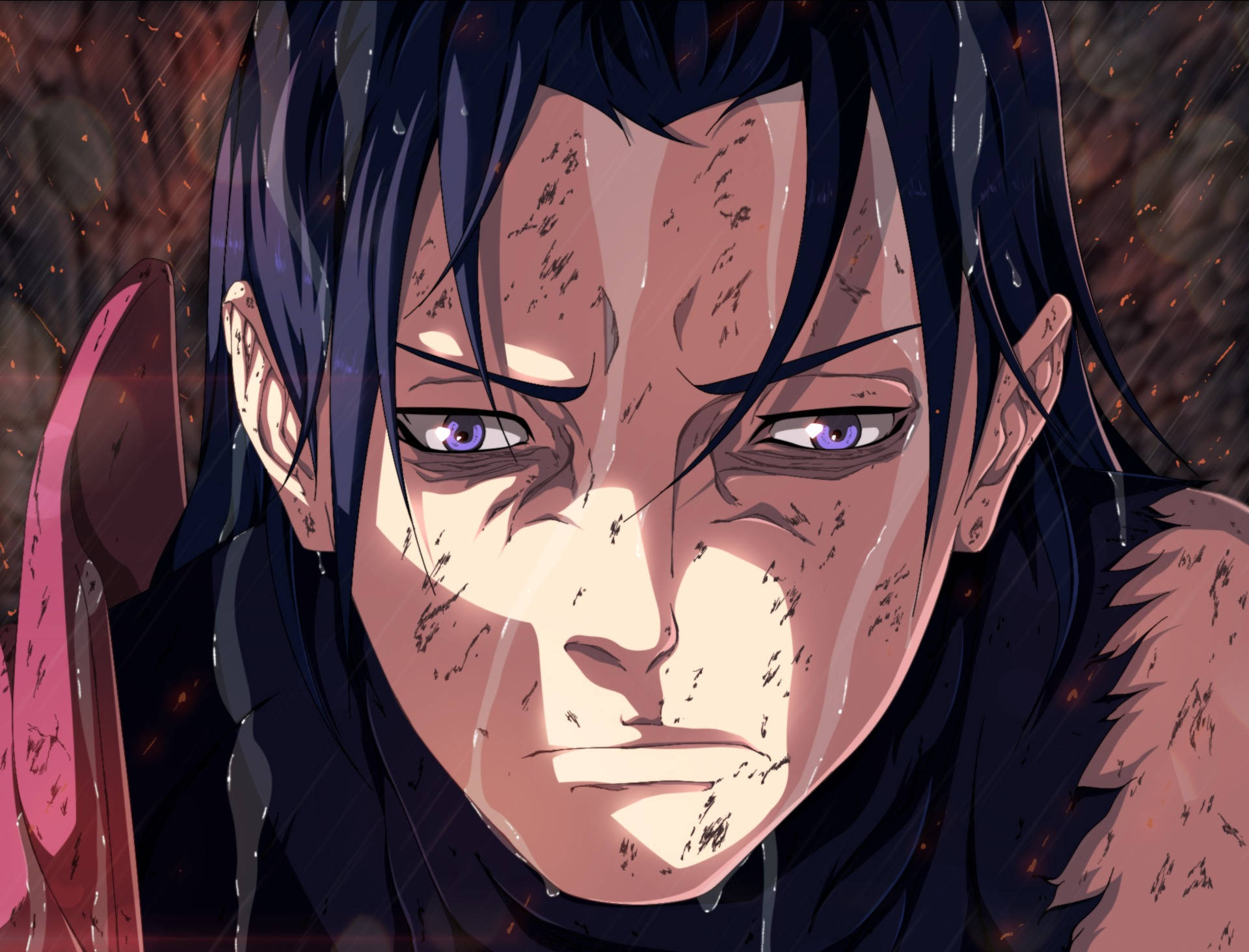 憂鬱動漫男孩 桌布 壁紙 — 一個決心堅定的動漫戰士，擁有紫色眼睛和深色頭髮，在雨和火花中凝視著。