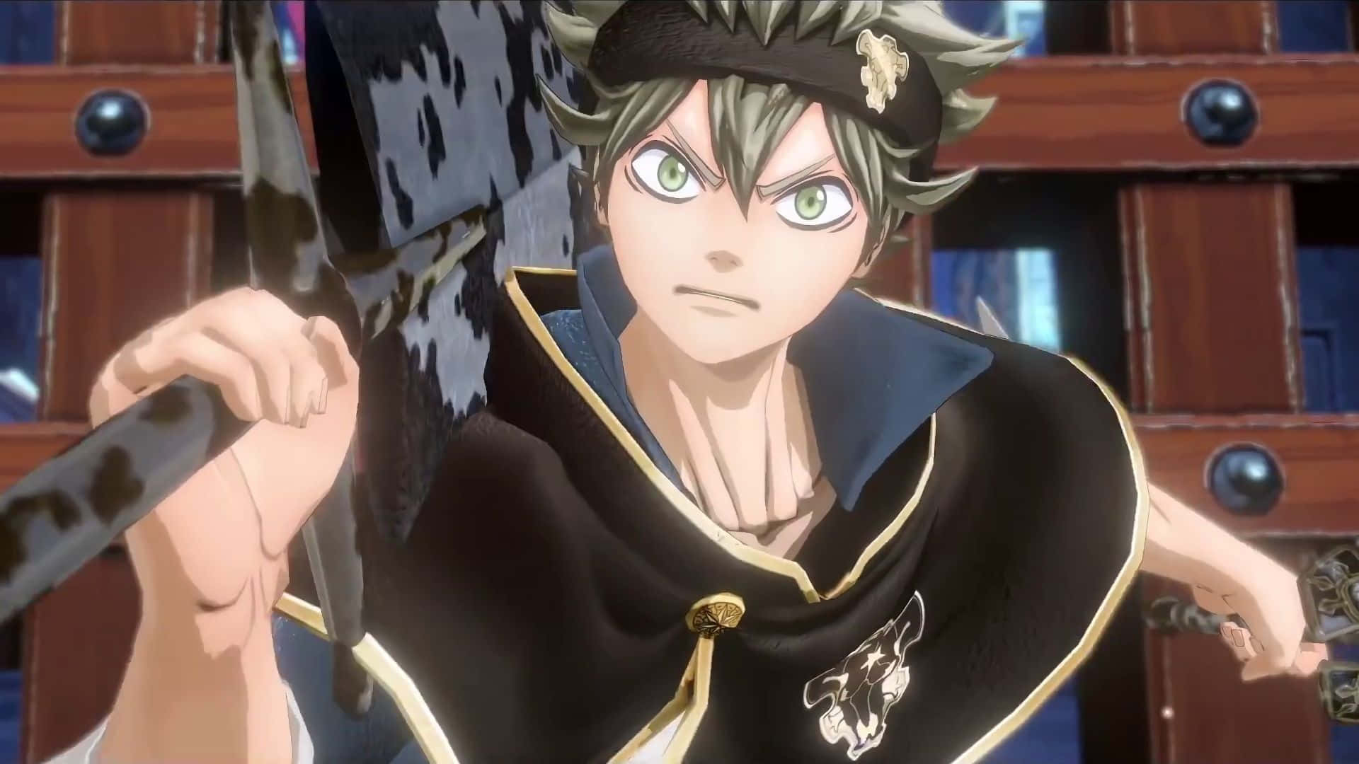 Asta Black Clover 4K 桌布 壁紙 — 一個決心堅定的動漫戰士，擁有綠色眼睛和刺蝟頭，在木屋中握著劍。