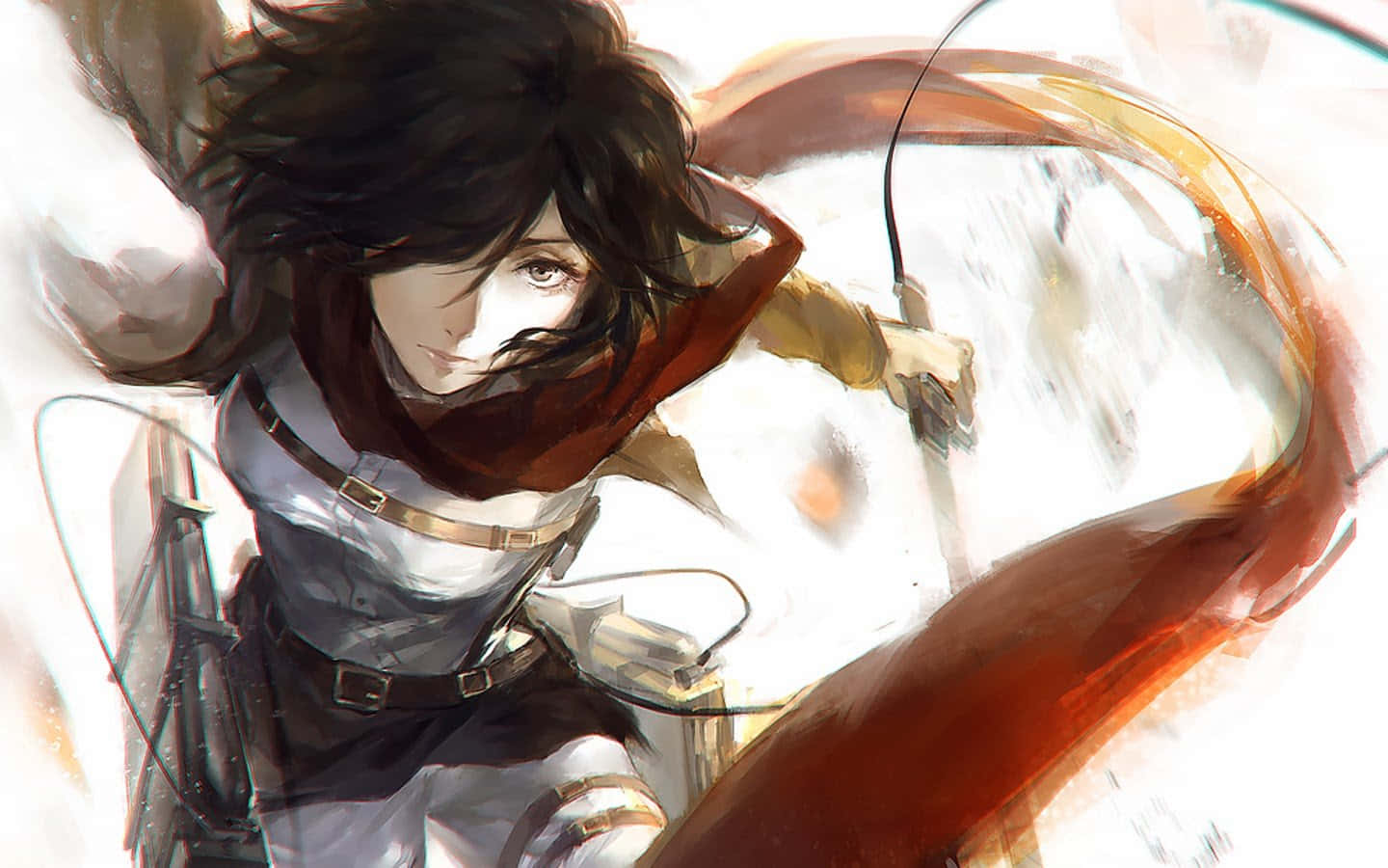 Cool Anime Girl 桌布 壁紙 — 一個決心堅定的動漫戰士，深色頭髮和紅色圍巾，手持弓箭向前衝刺，背景明亮且帶有動態模糊效果。
