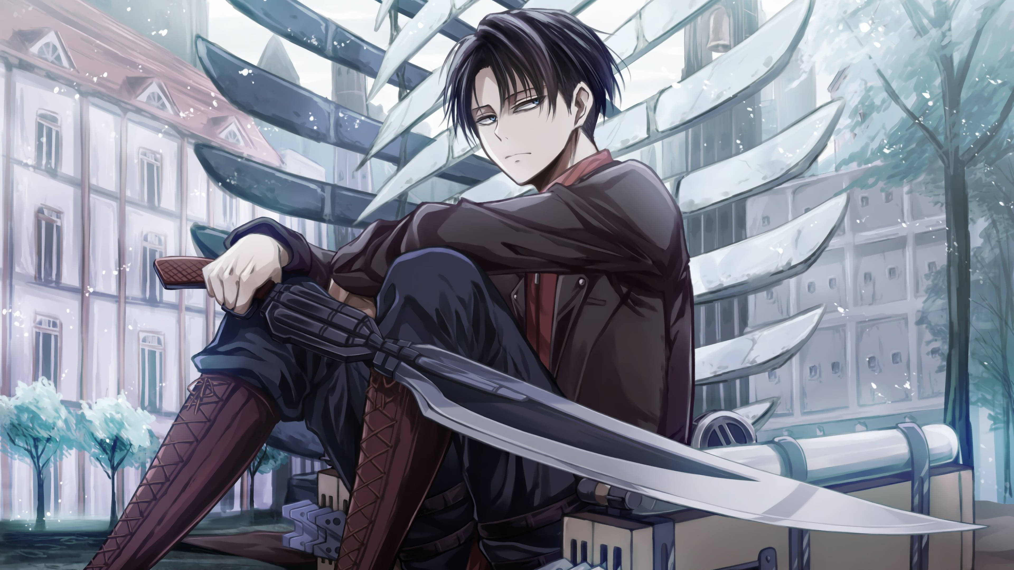 Levi 桌布 壁紙 — 一個決心堅定的動漫戰士，深色頭髮，坐在牆上，手持巨劍，周圍是巨大的金屬刀片，在雪景城市環境中。