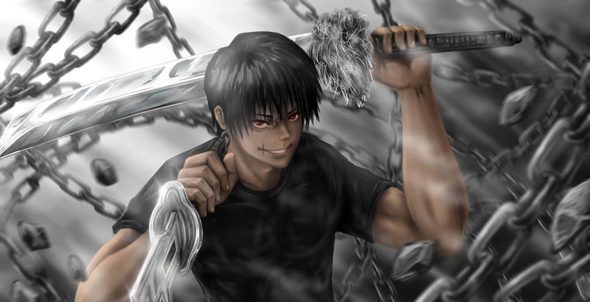 Toji Fushiguro 桌布 壁紙 — 一個決心堅定的動漫戰士，紅色的眼睛，在旋轉的鎖鏈中揮舞著發光的劍，構成單色戰鬥場景。