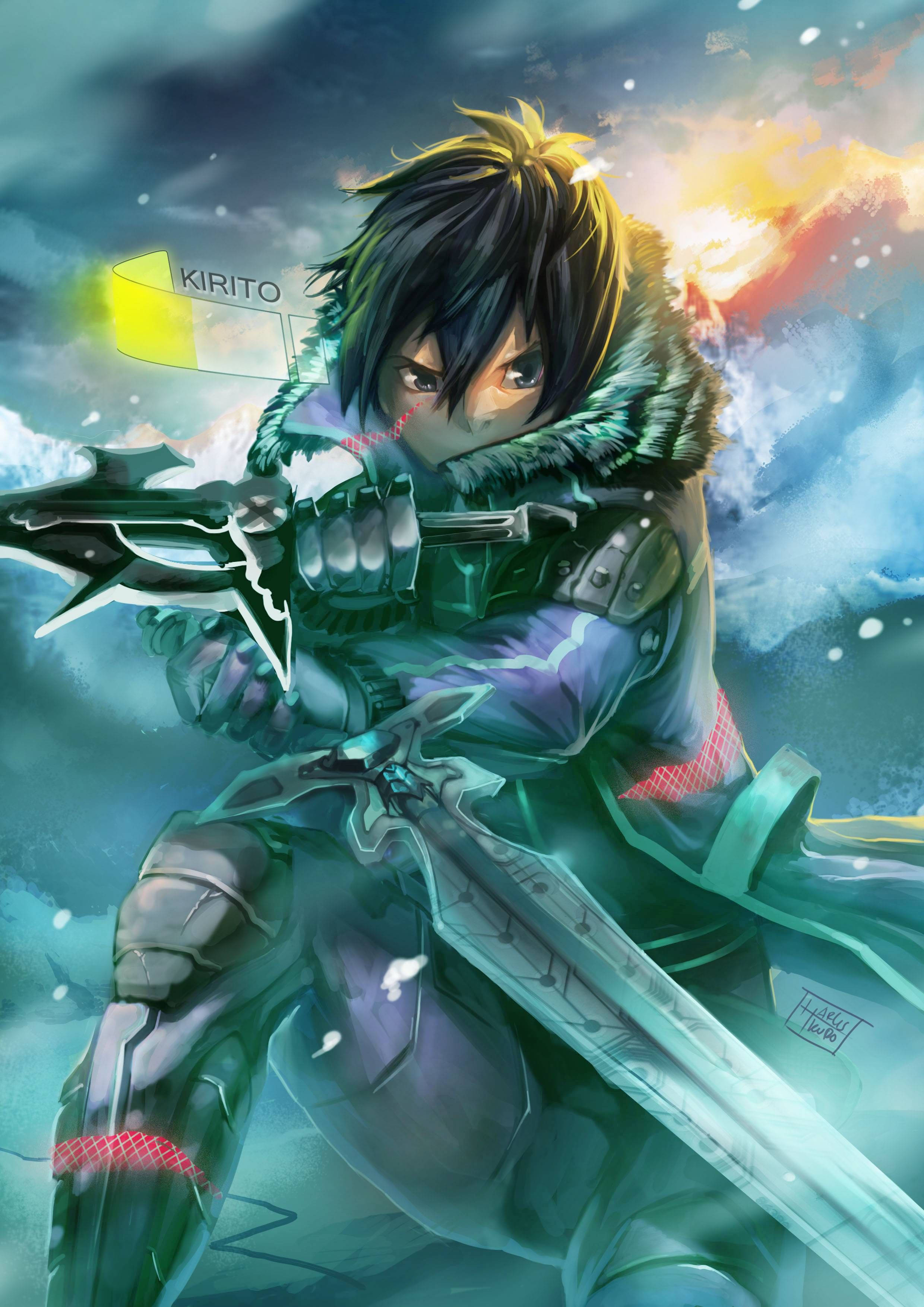 Kirito 桌布 壁紙 — 一個決心堅定的動漫戰士，黑髮，手持發光劍，站在暴風雨的天空中，身後是熾熱的日落。