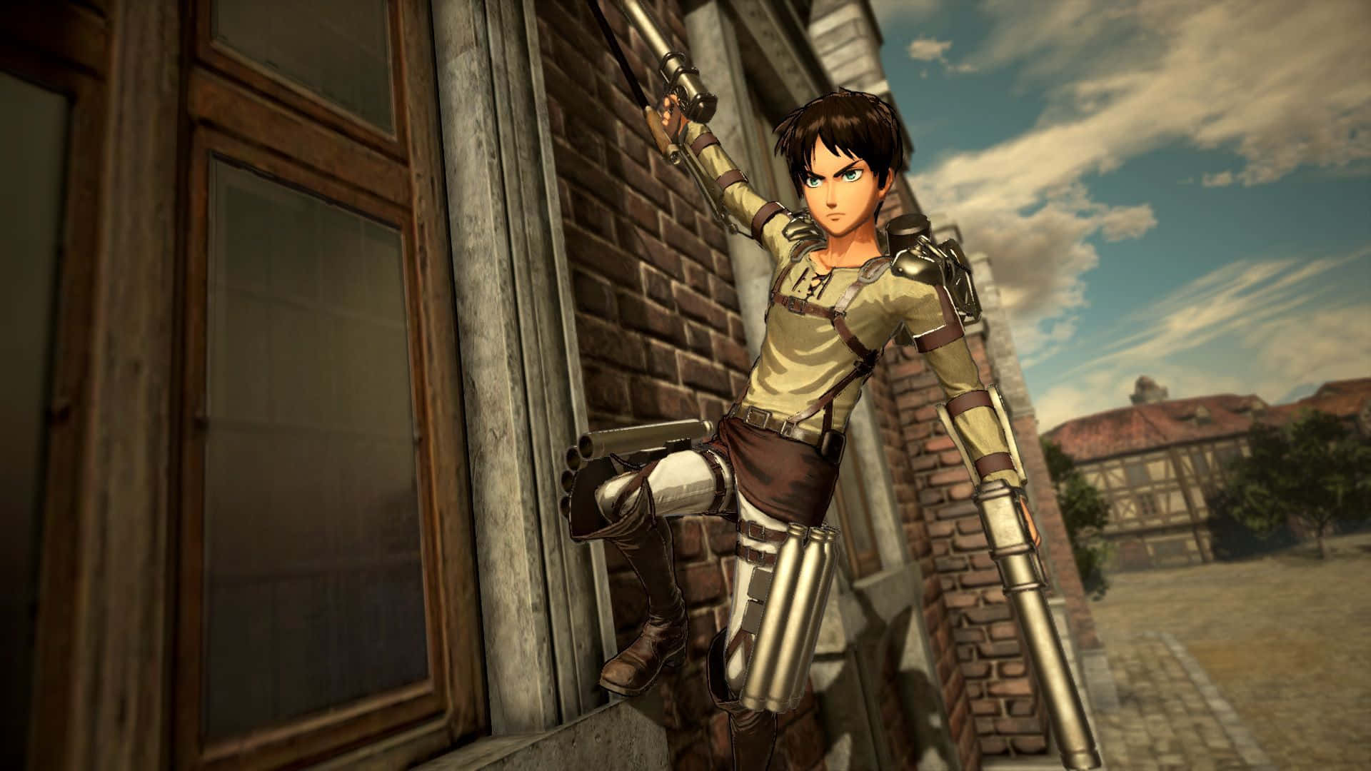 Aot 2 Final Battle 桌布 壁紙 — 一個決心堅定的動漫戰士身穿機械裝備，在陰雲密布的天空下攀爬磚砌建築，高舉武器。