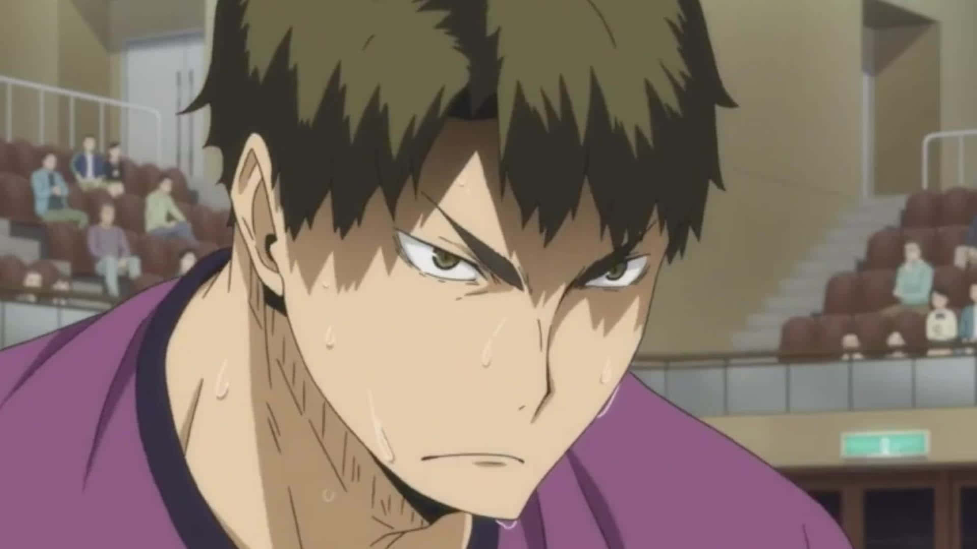 Ushijima Wakatoshi 桌布 壁紙 — 一個決心堅定的動漫排球運動員，汗水從臉上滴落在體育館內。