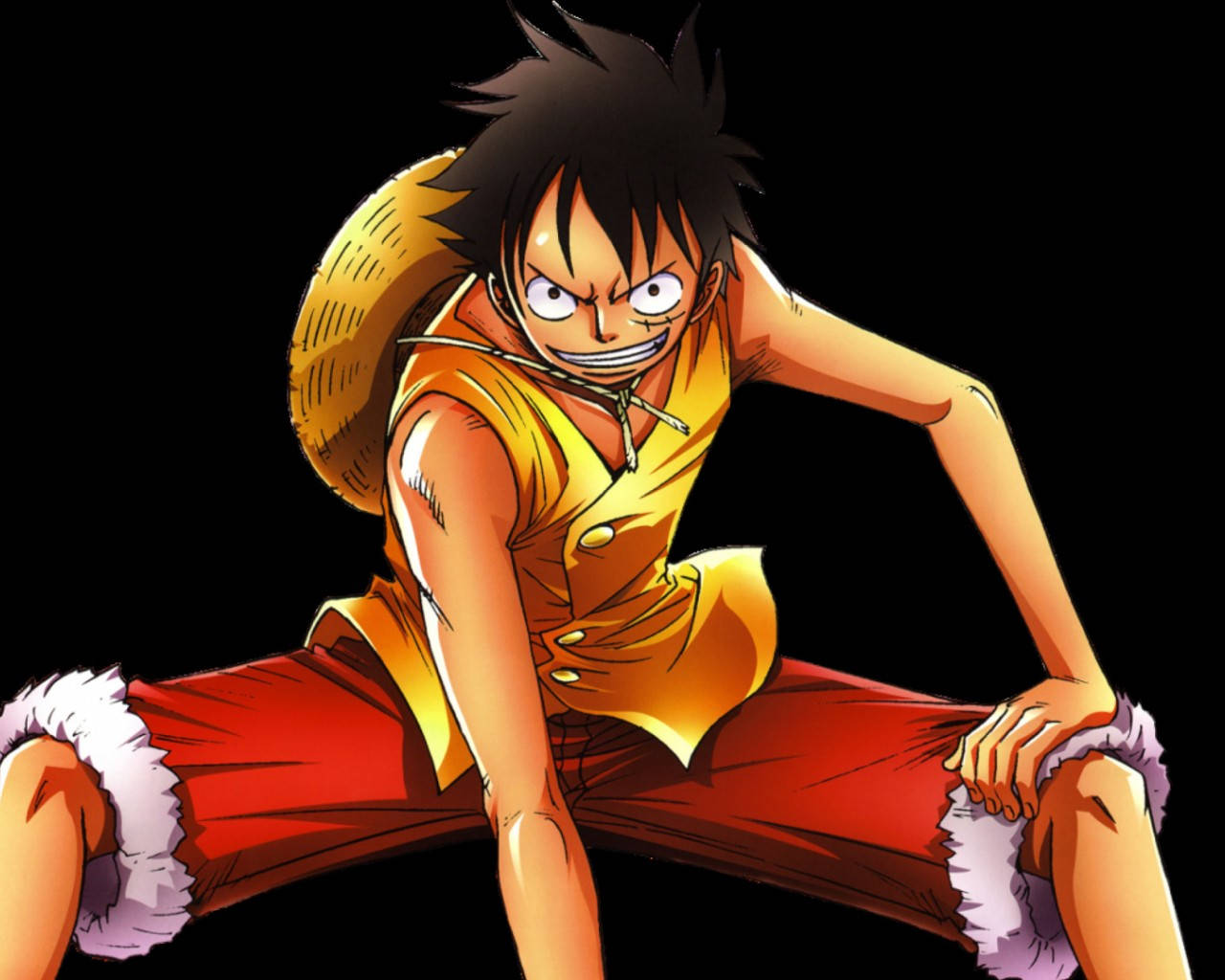 luffy 4K 桌布 壁紙 — 一個決心堅定的動漫海盜，擁有尖刺黑髮和草帽，在黑色背景前以動態姿勢蹲伏。