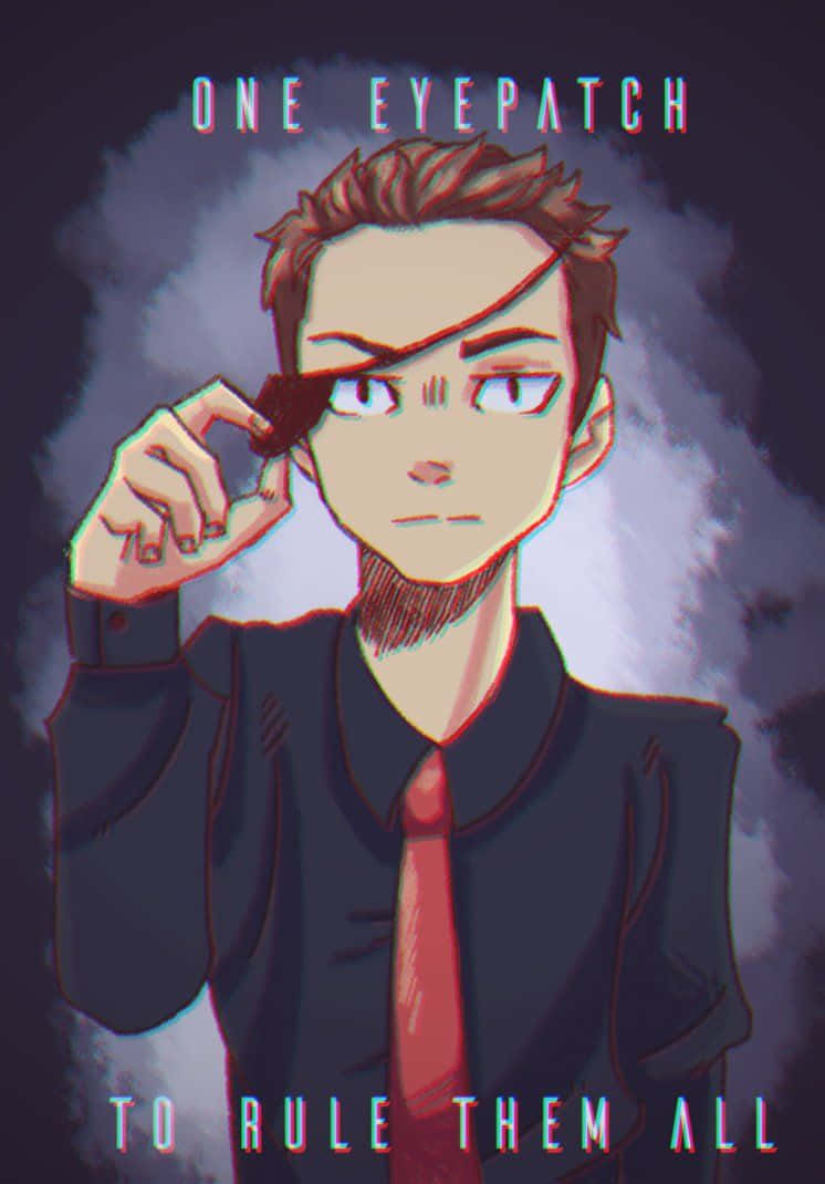 Evil Morty 桌布 壁紙 — 一個決心堅定的動漫男子，戴著單眼眼罩和紅色領帶，在煙霧瀰漫的黑暗背景中調整他的眼罩。