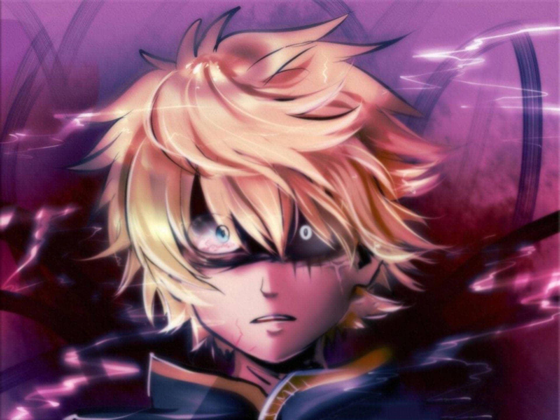 Luck Voltia 桌布 壁紙 — 一個決心堅定的動漫男孩，擁有尖刺金髮和一隻在旋轉紫色能量中發出藍光的眼睛。