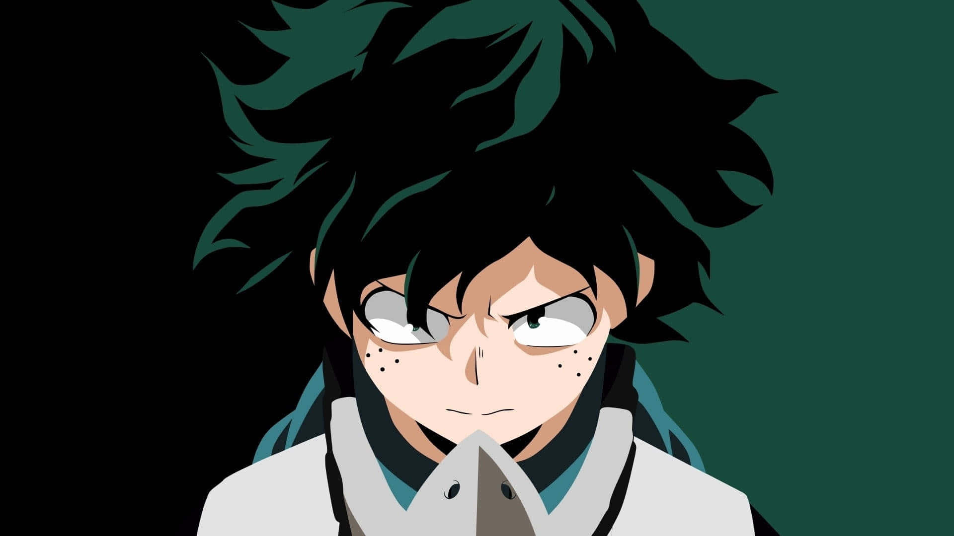 我的英雄學院 桌布 壁紙 — 一個決心堅定的動漫男孩，擁有尖刺的深綠色頭髮和銳利的眼睛，在深綠色背景前凝視前方。