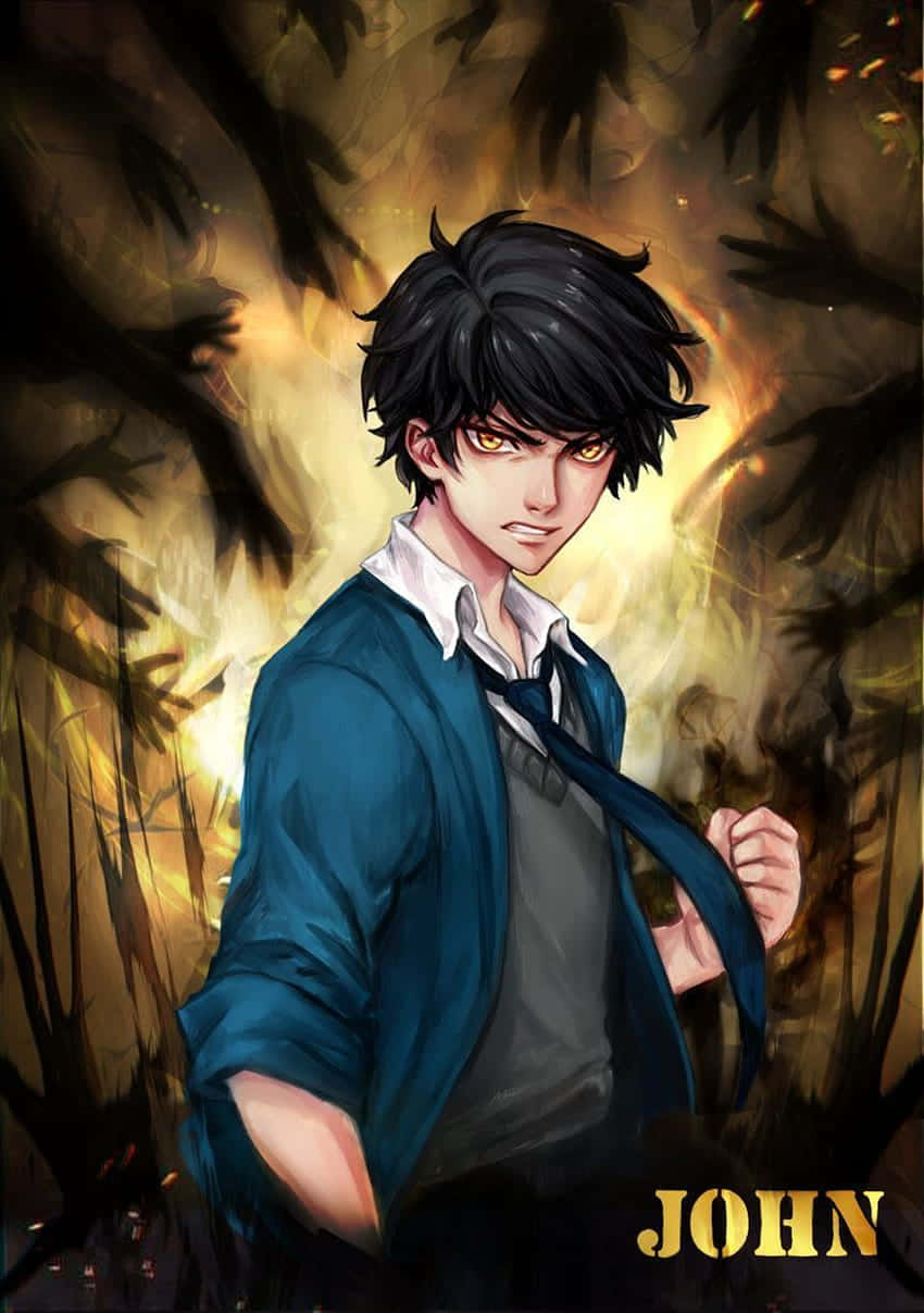 動漫男孩 桌布 壁紙 — 一個決心堅定的動漫男孩，擁有發光的黃色眼睛，站在燃燒的森林中，緊握領帶，火焰在他身後洶湧。