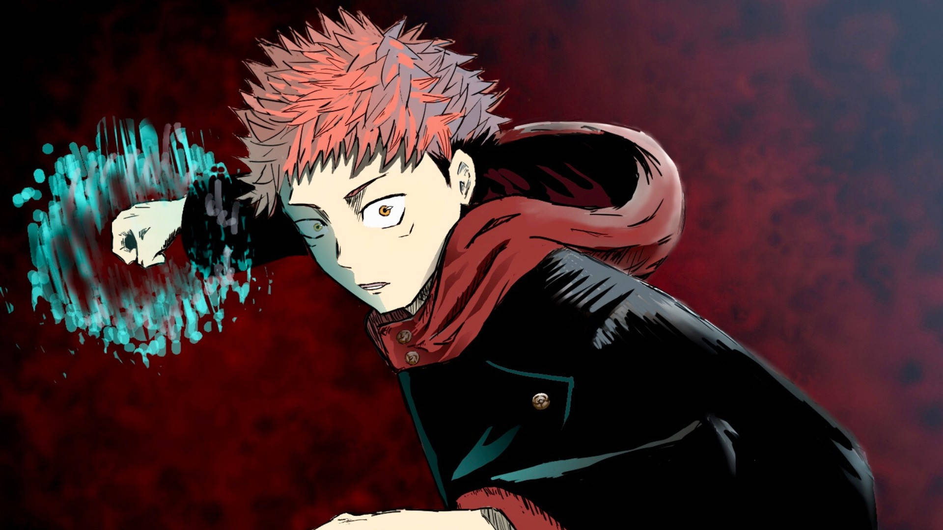 Jujutsu Kaisen Desktop 桌布 壁紙 — 一個決心堅定的動漫男孩，有著尖刺般的紅髮，在深紅色紋理背景中引導發光的藍色能量。