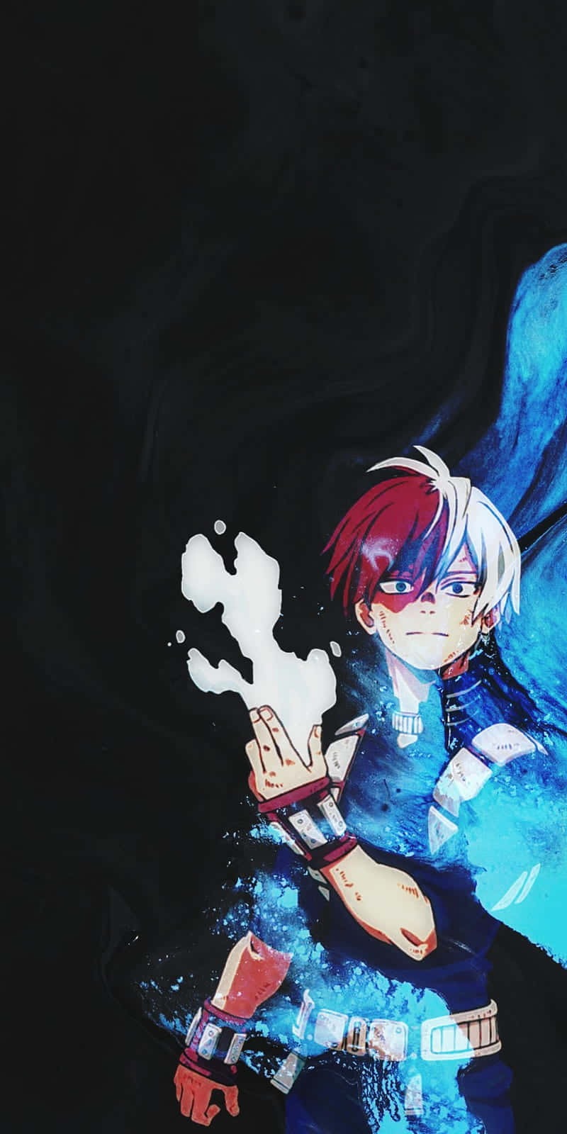 Todoroki Black 桌布 壁紙 — 一個決心堅定的動漫男孩，紅白頭髮，在黑暗背景中引導發光的藍色能量。