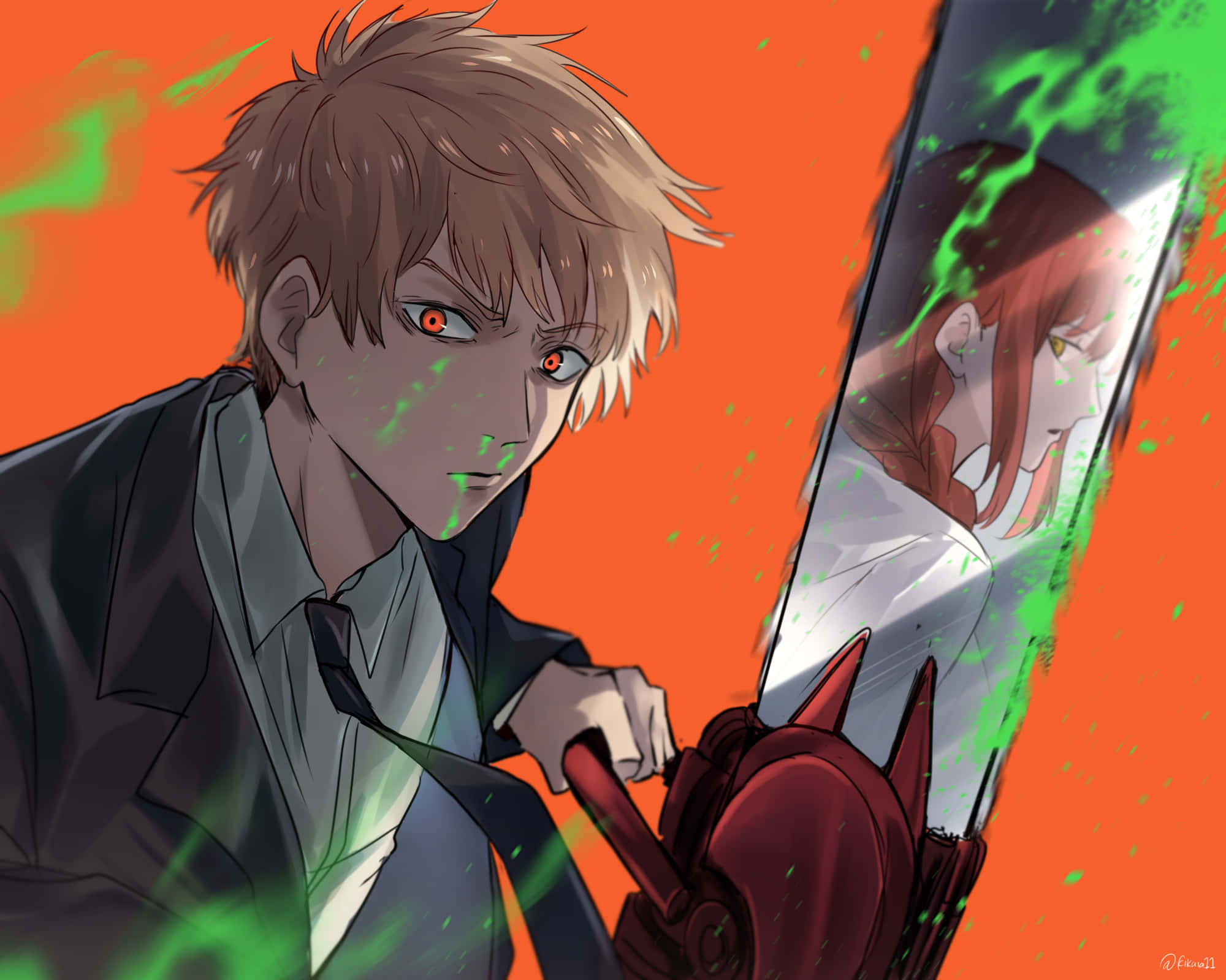 動漫男孩 桌布 壁紙 — 一個決心堅定的動漫男孩，紅眼睛，握著一把滴著綠色液體的電鋸，背景是火熱的橙色。