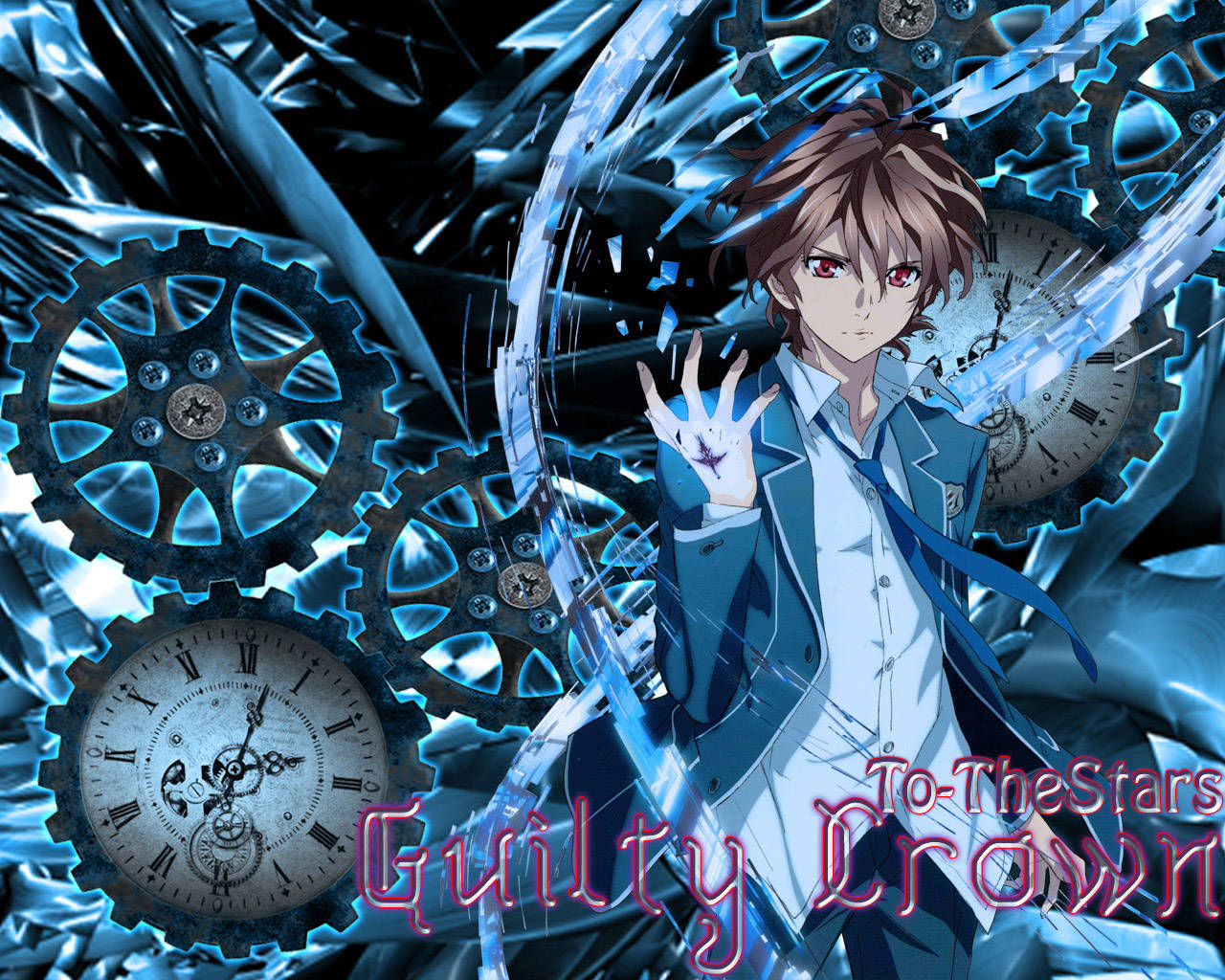 guilty 桌布 壁紙 — 一個決心堅定的動漫男孩，紅眼睛，穿著藍色西裝，站在漂浮的齒輪和時鐘之間，場景動感，色調偏藍。