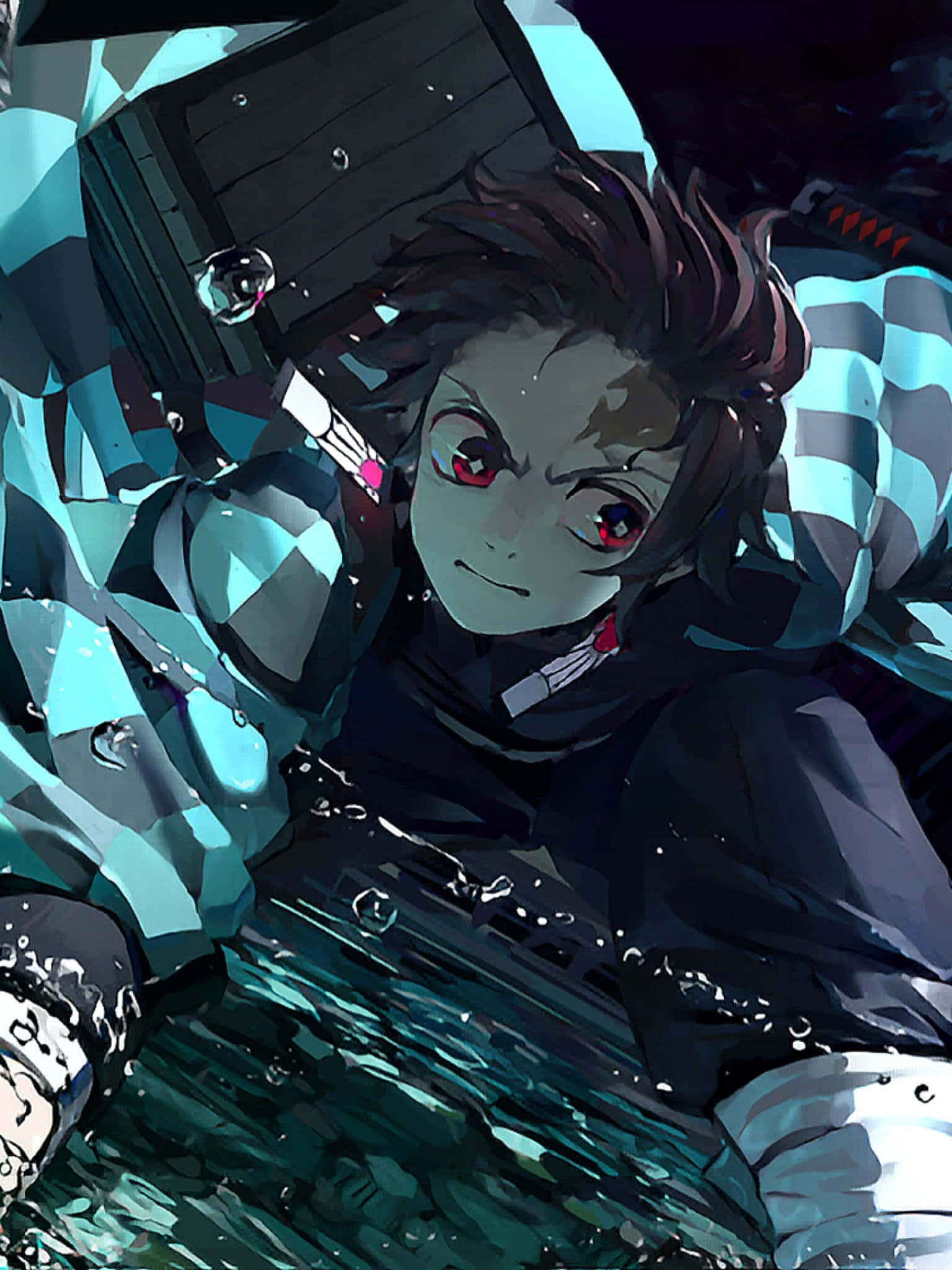 Demon Slayer Season 2 桌布 壁紙 — 一個決心堅定的動漫男孩，紅眼睛黑頭髮，從青綠色的水中浮出，手持一把格子圖案的劍。