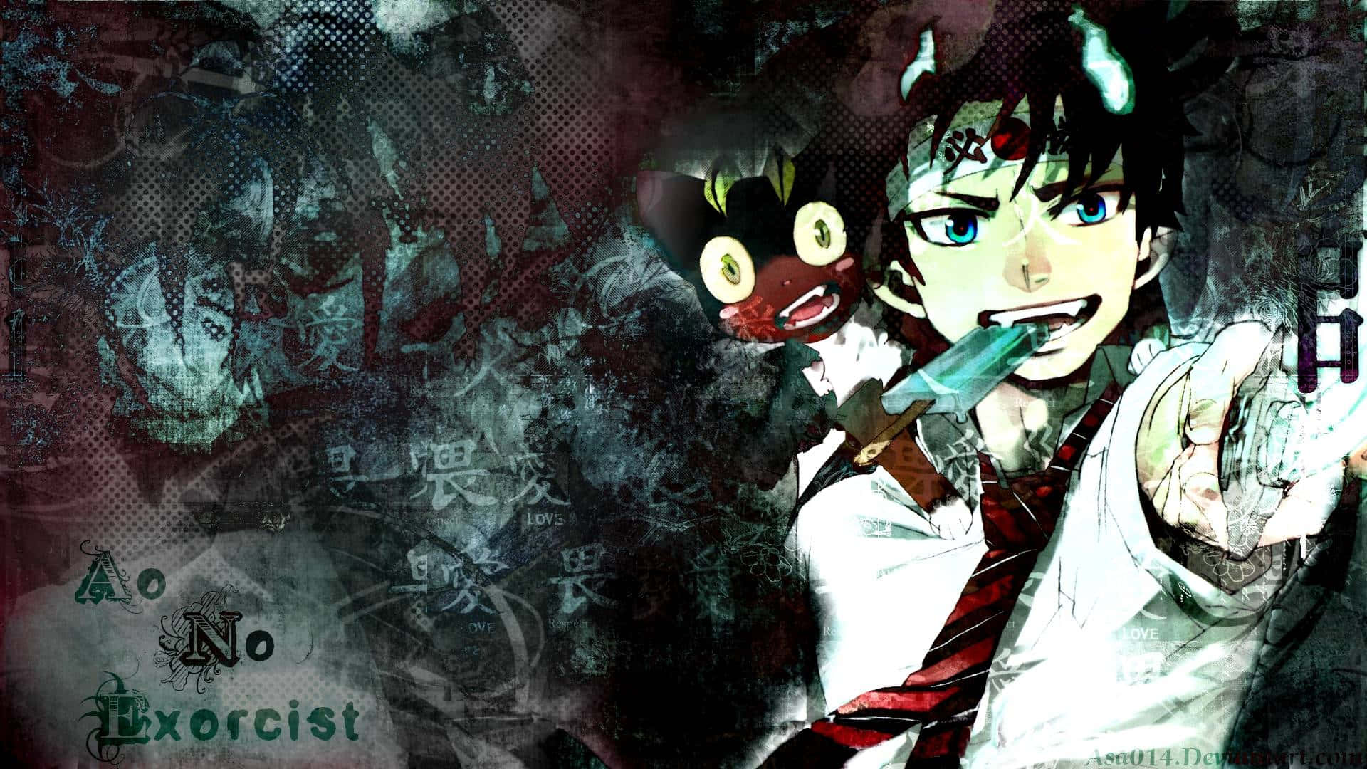 Blue Exorcist 桌布 壁紙 — 一個決心堅定的動漫男孩，藍眼睛和惡魔角，握著一把發光的劍，一隻紅色小惡魔生物從他肩膀後面窺視，背景是深色紋理。