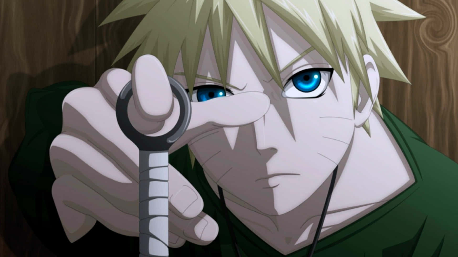 Naruto Alone 桌布 壁紙 — 一個決心堅定的動漫男孩，金色刺蝟頭和藍色眼睛，在木質背景前將苦無刀靠近臉部。