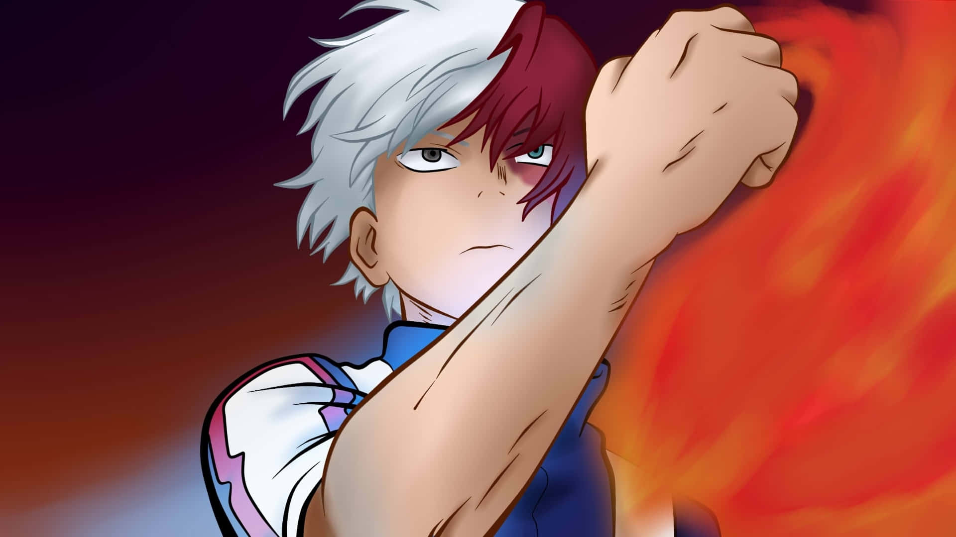 動漫男孩 桌布 壁紙 — 一個決心堅定的動漫男孩，頭髮半白半紅，在深色漸變背景上向前出拳，拳頭爆發出火焰能量。